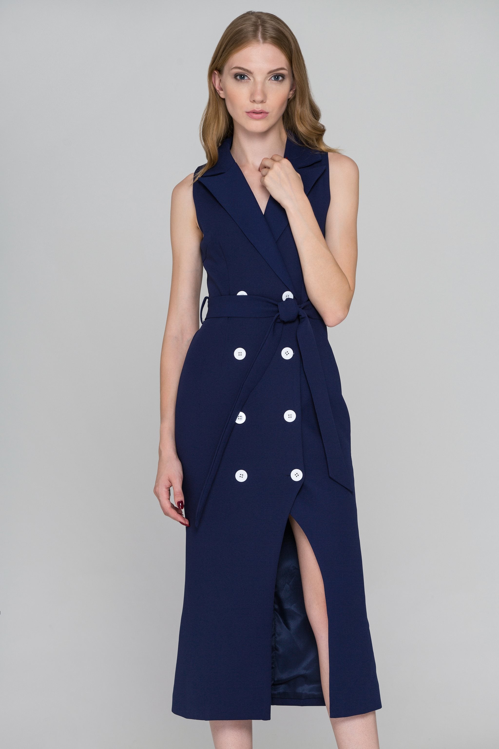 Blue and White Button Sleeveless Midi Blazer Dress