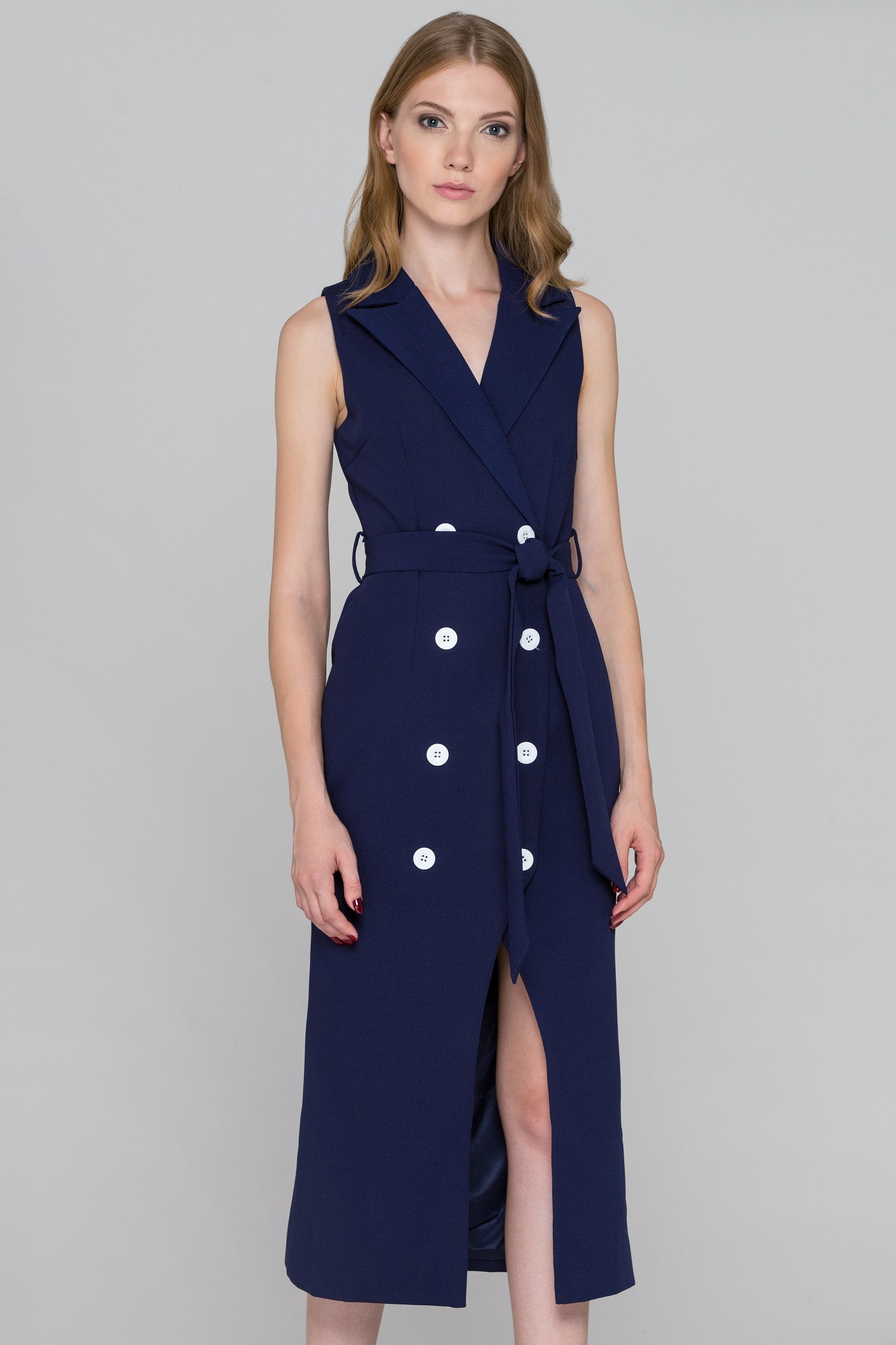 Blue and White Button Sleeveless Midi Blazer Dress
