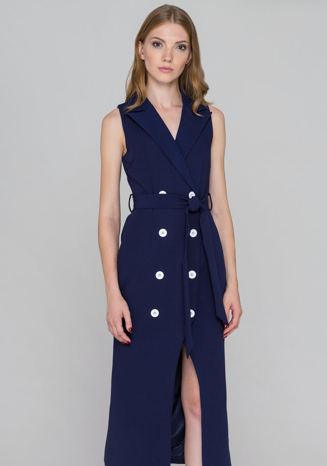 Blue and White Button Sleeveless Midi Blazer Dress