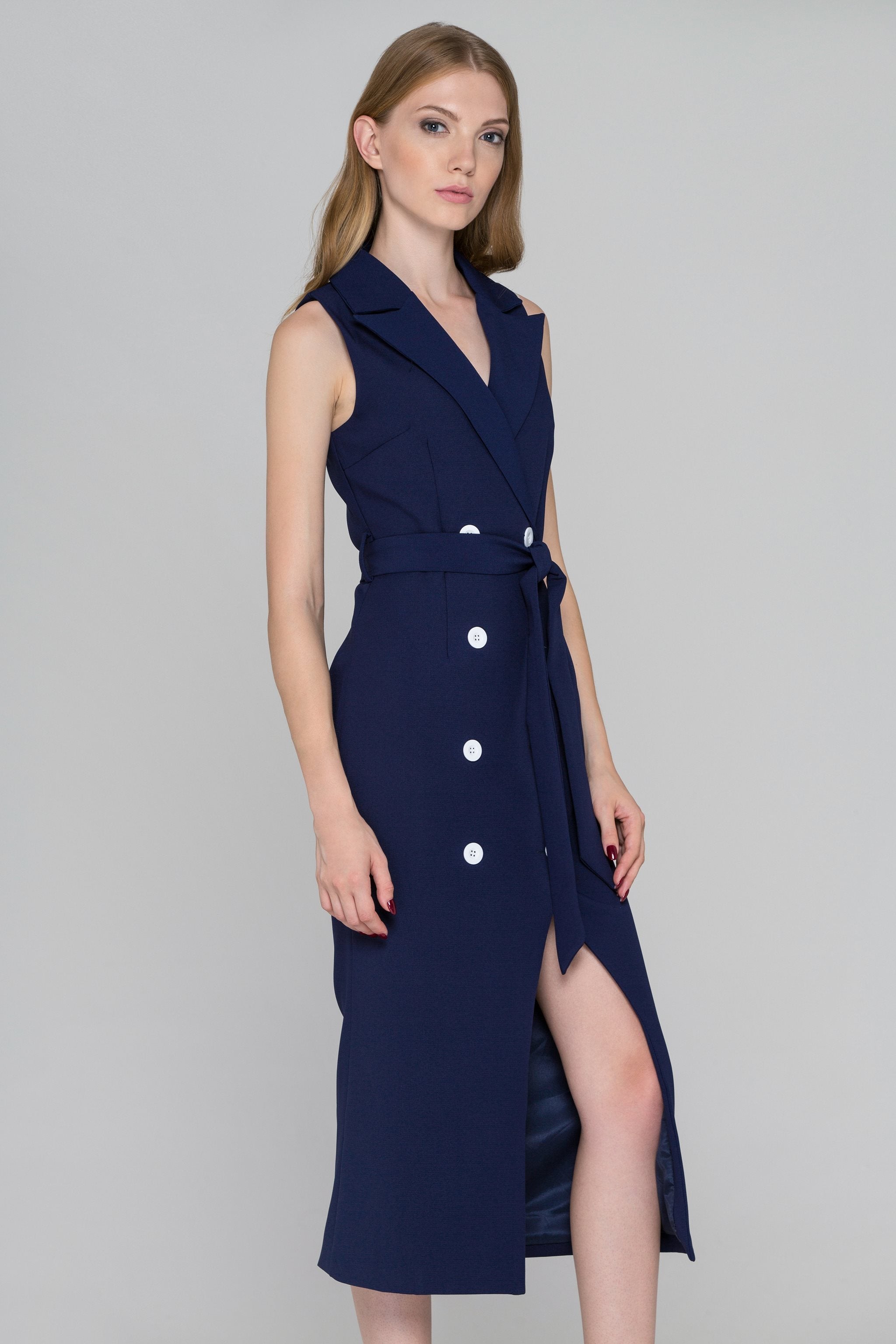 Blue and White Button Sleeveless Midi Blazer Dress