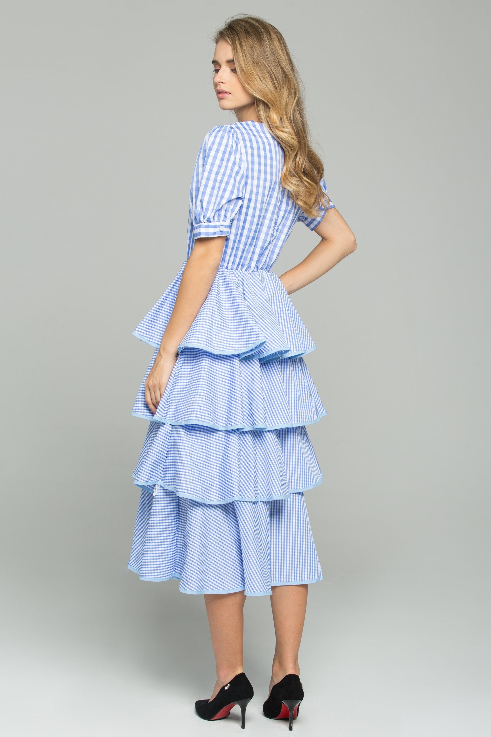 Blue and White Gingham Midi Dress