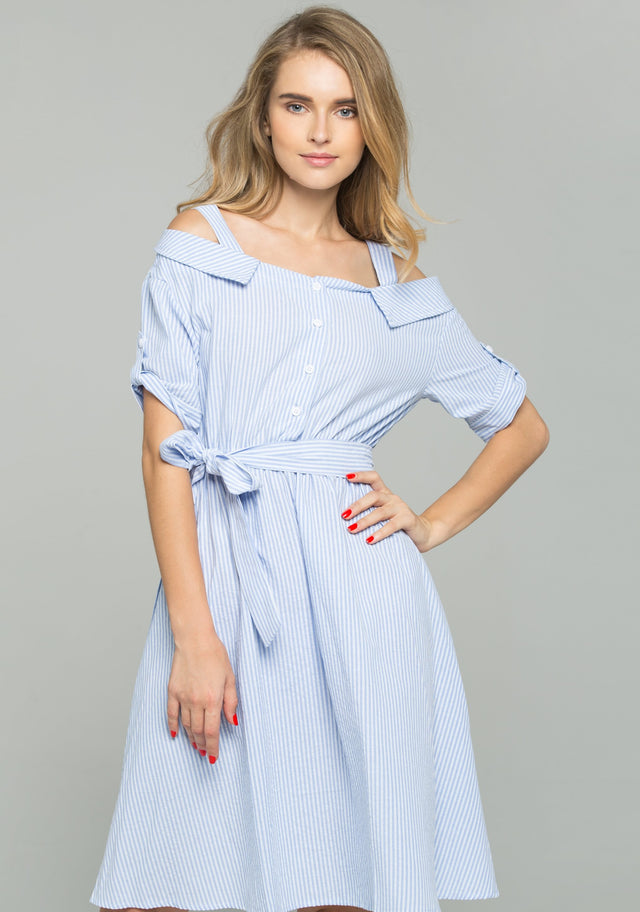 Blue and White Striped Ribbon Strap Cold-Shoulder Collared Shirt Dress