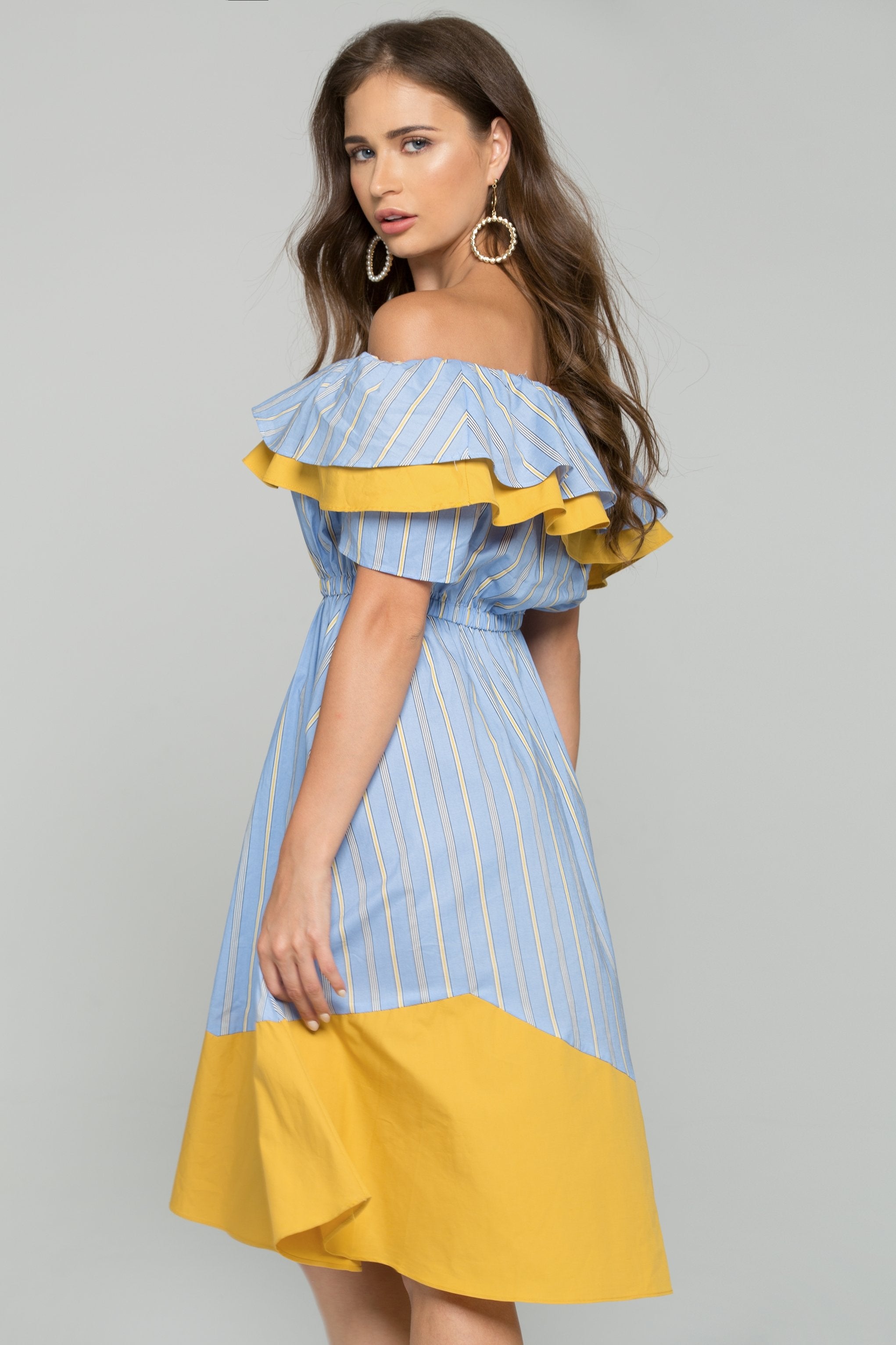 Blue and Yellow Off-the-Shoulder Ruffled Striped Maxi Dress