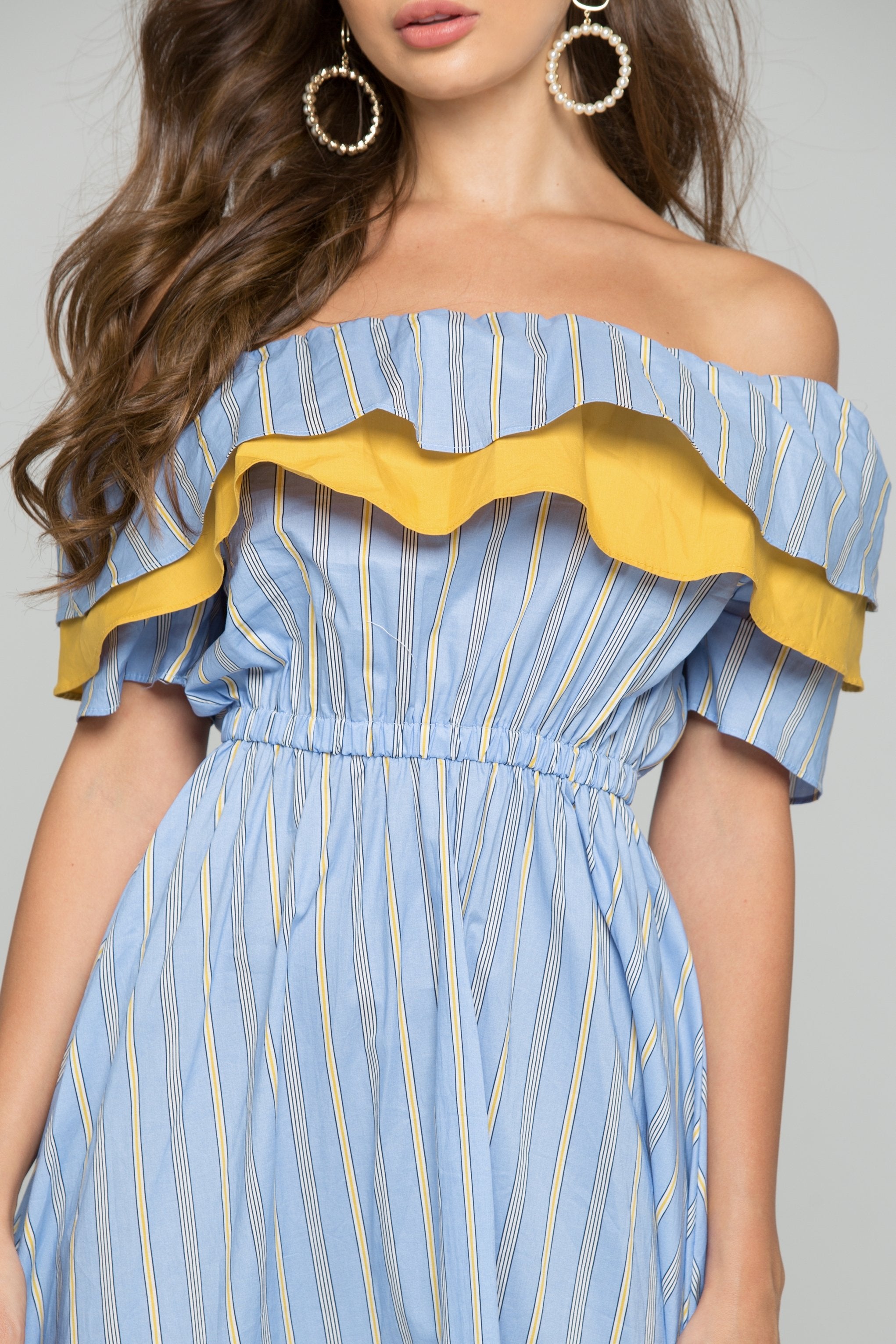 Blue and Yellow Off-the-Shoulder Ruffled Striped Maxi Dress