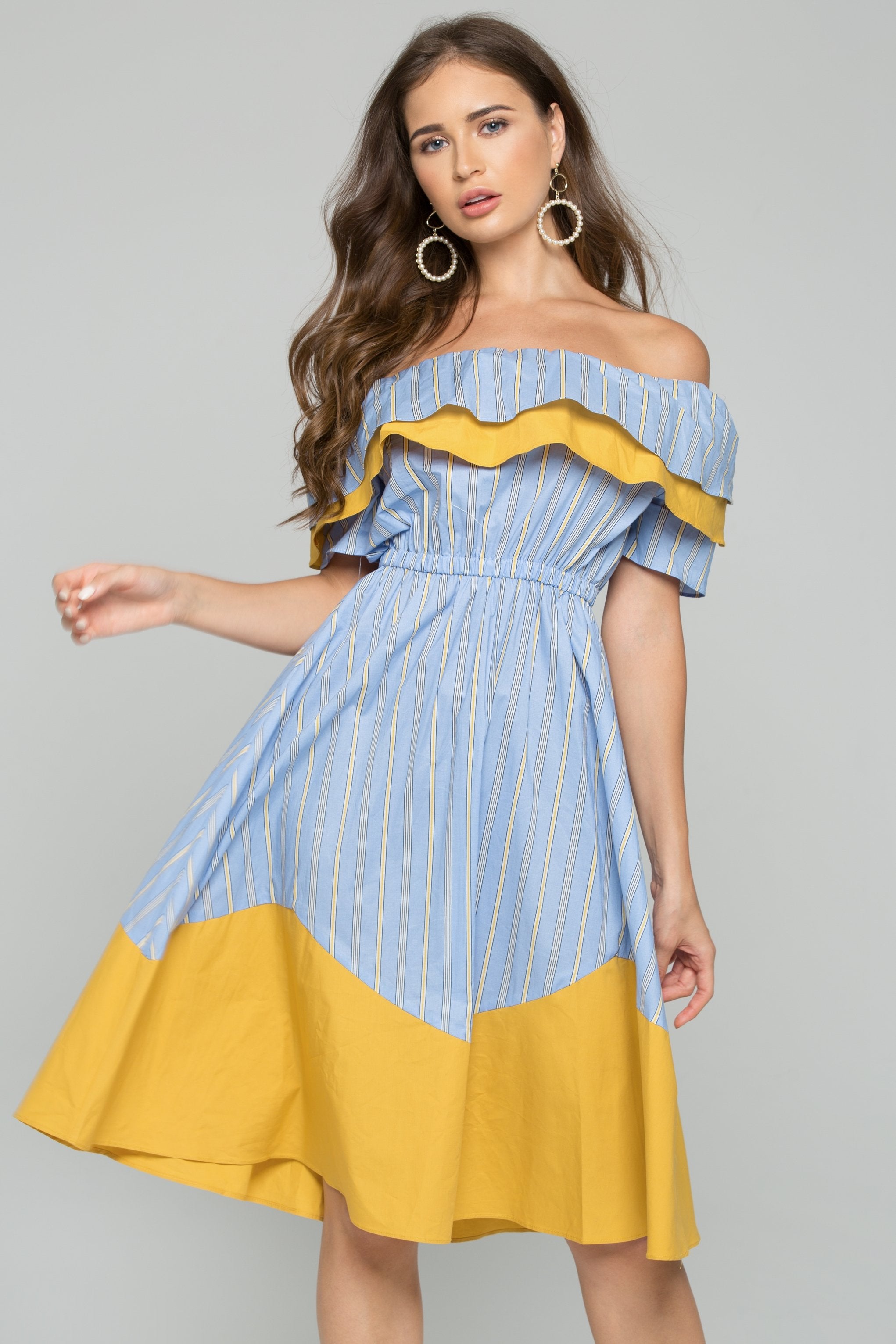 Blue and Yellow Off-the-Shoulder Ruffled Striped Maxi Dress
