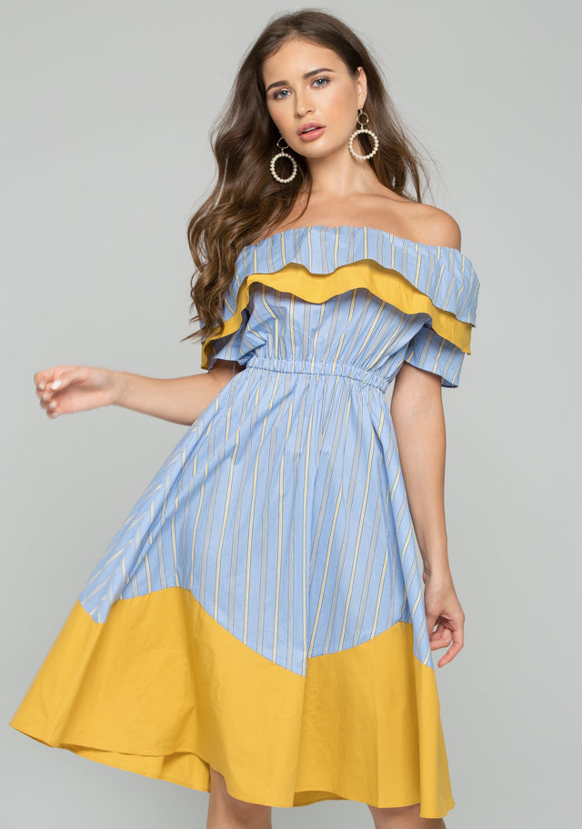 Blue and Yellow Off-the-Shoulder Ruffled Striped Maxi Dress