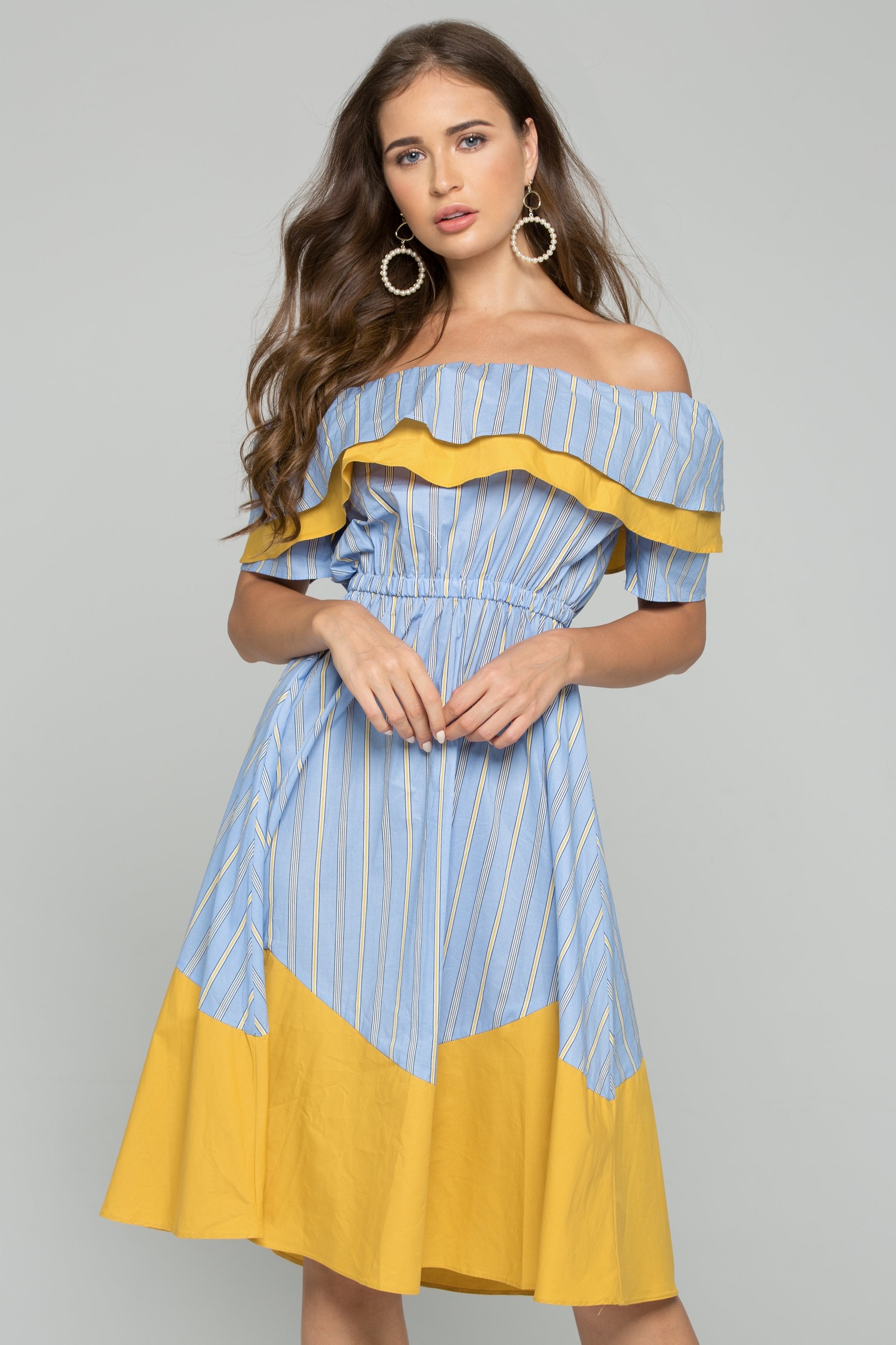 Blue and Yellow Off-the-Shoulder Ruffled Striped Maxi Dress