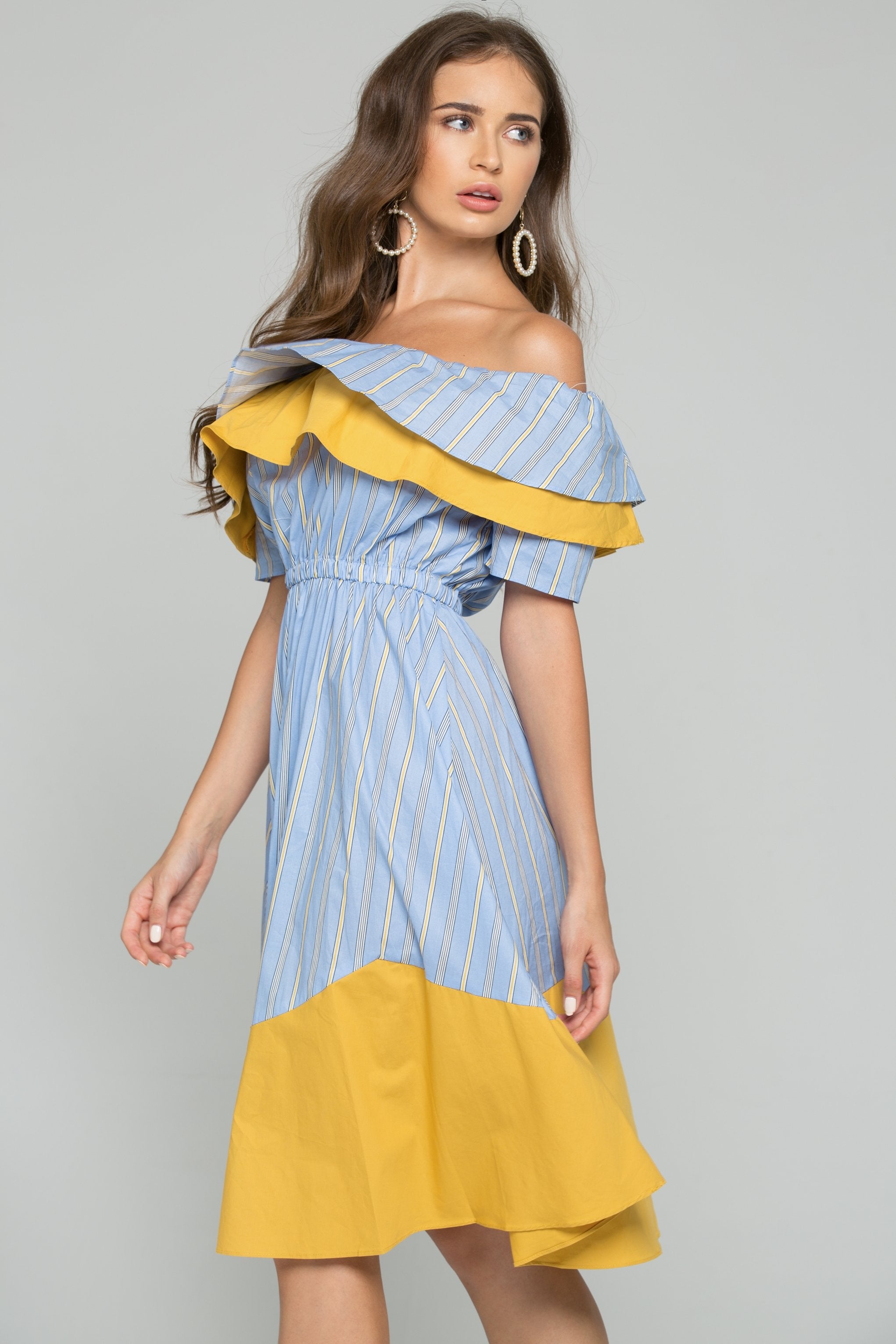Blue and Yellow Off-the-Shoulder Ruffled Striped Maxi Dress