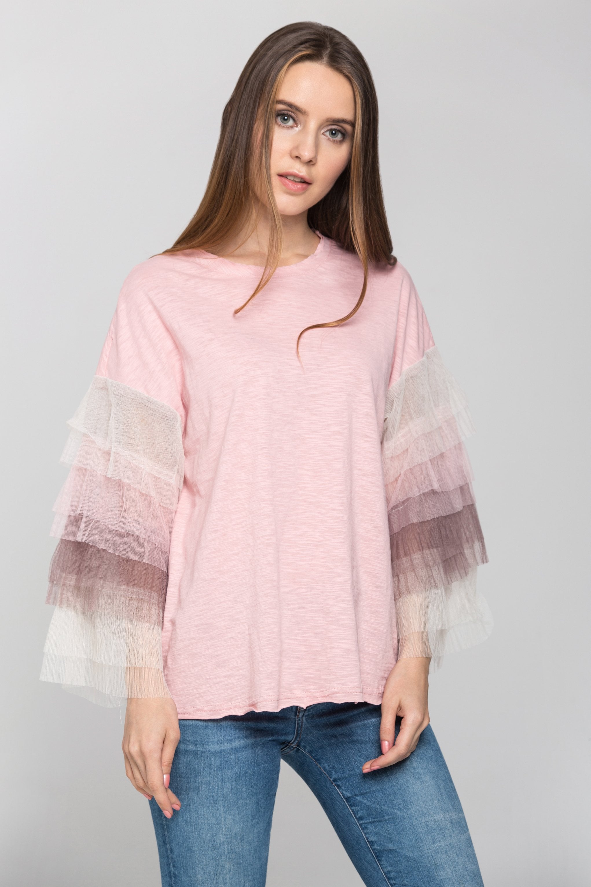 Blush Ombre Tiered Tulle Sleeve Top