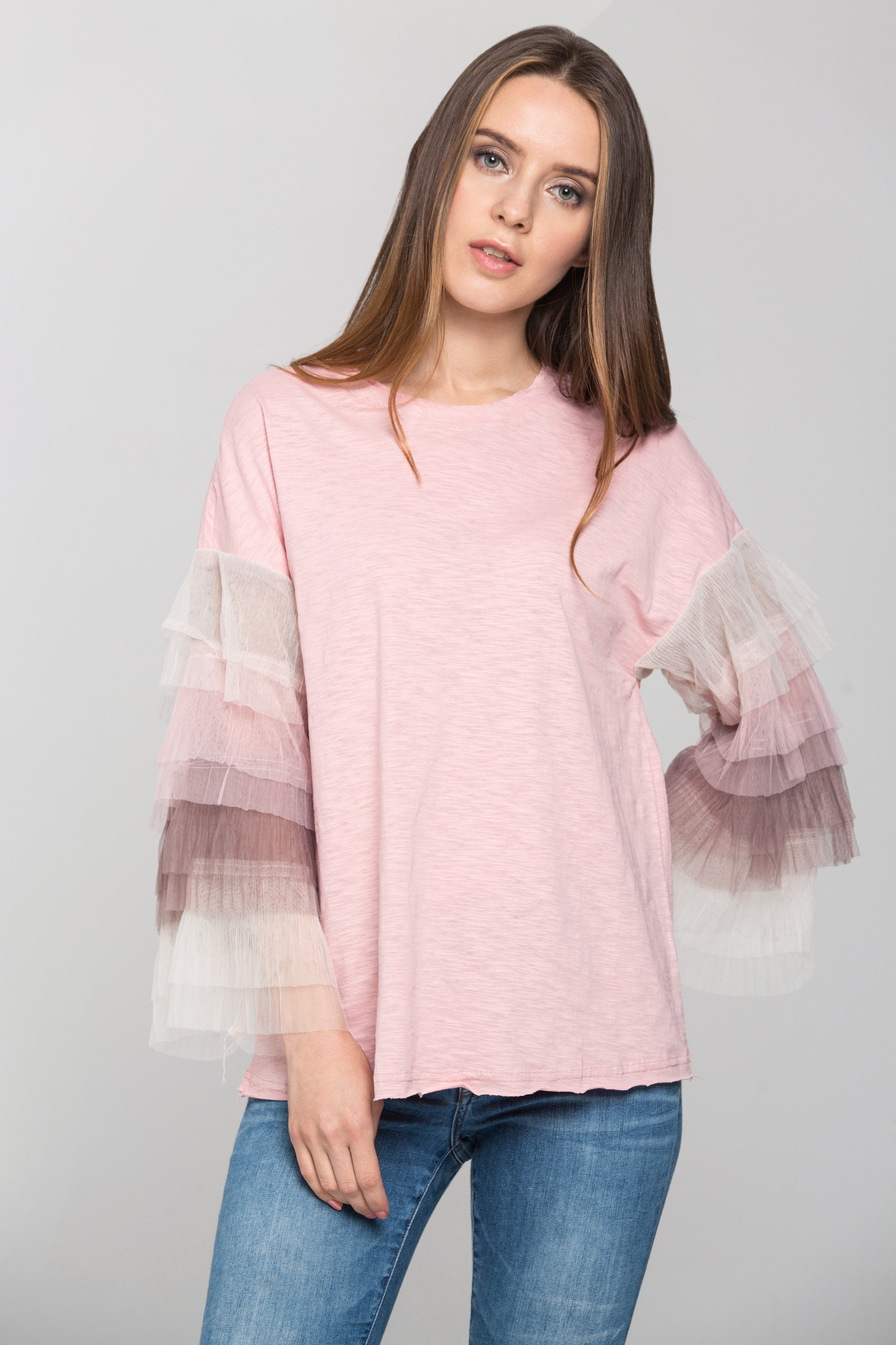 Blush Ombre Tiered Tulle Sleeve Top