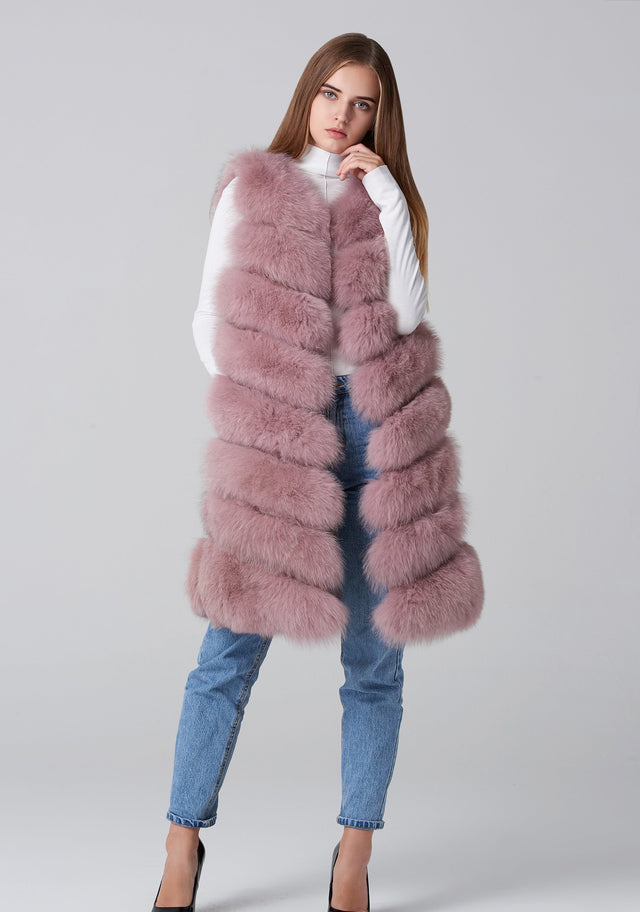 Blush Pink Square Knee Length Fox Fur Coat