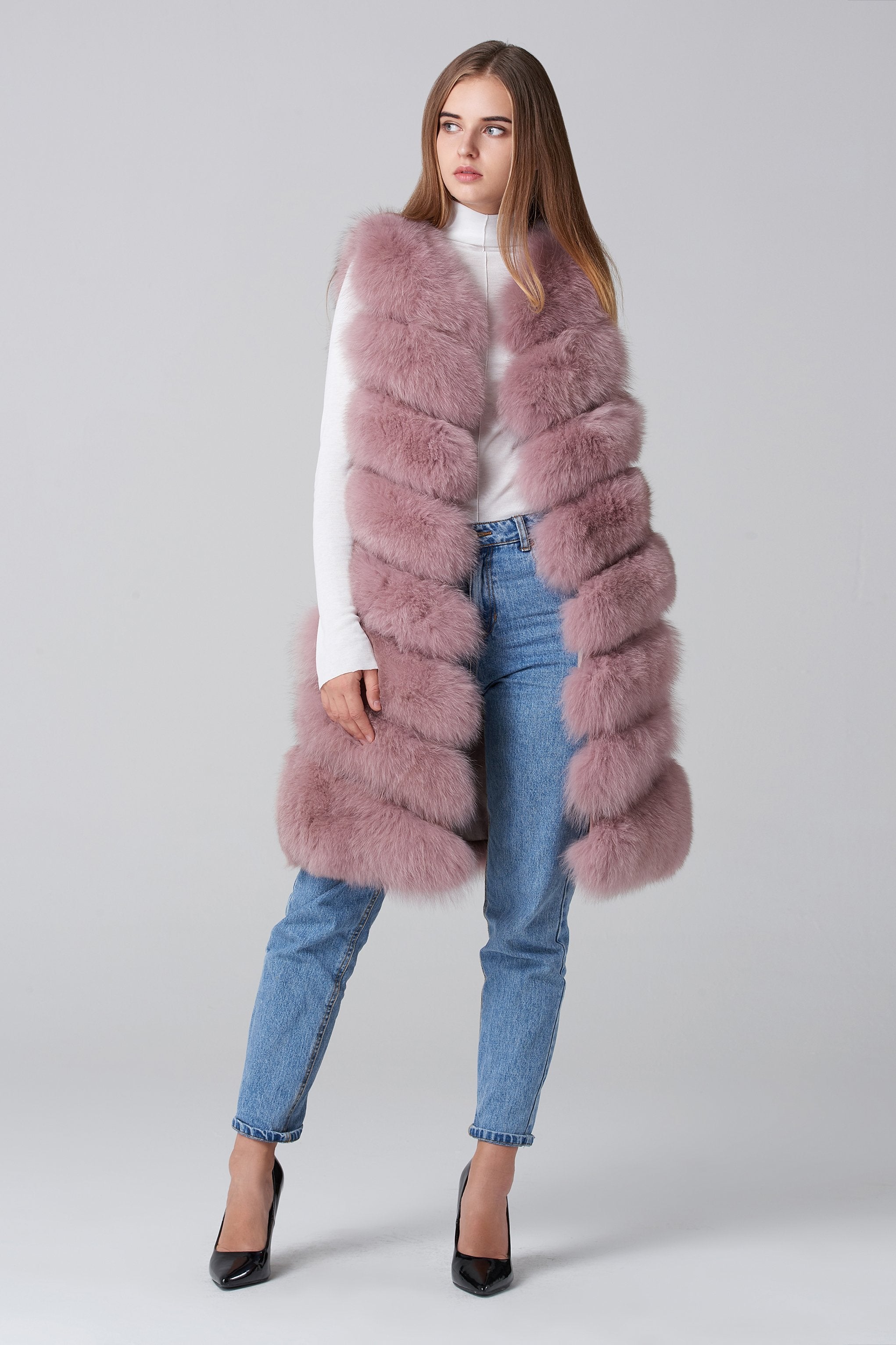 Blush Pink Square Knee Length Fox Fur Coat
