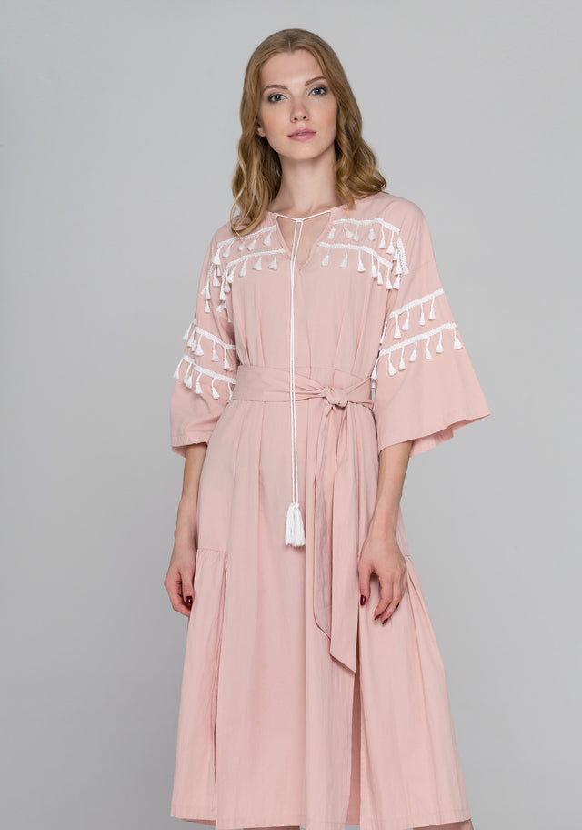 Blush and White Tassel Flare Sleeve Midi Dress