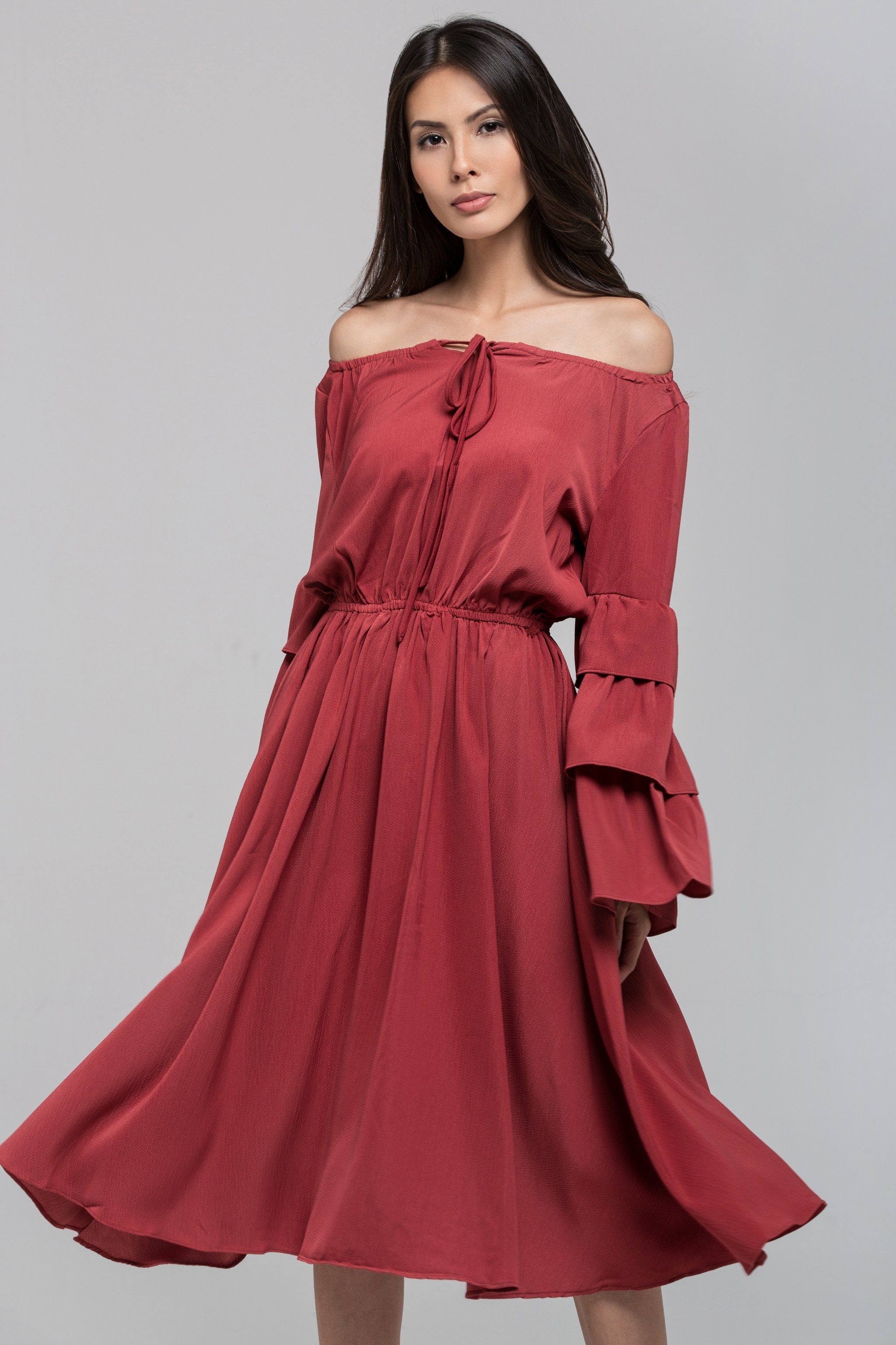Brick Red Ruffle Flare Sleeve Midi Dress