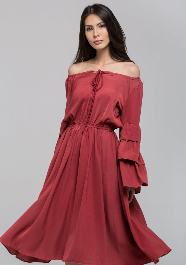 Brick Red Ruffle Flare Sleeve Midi Dress