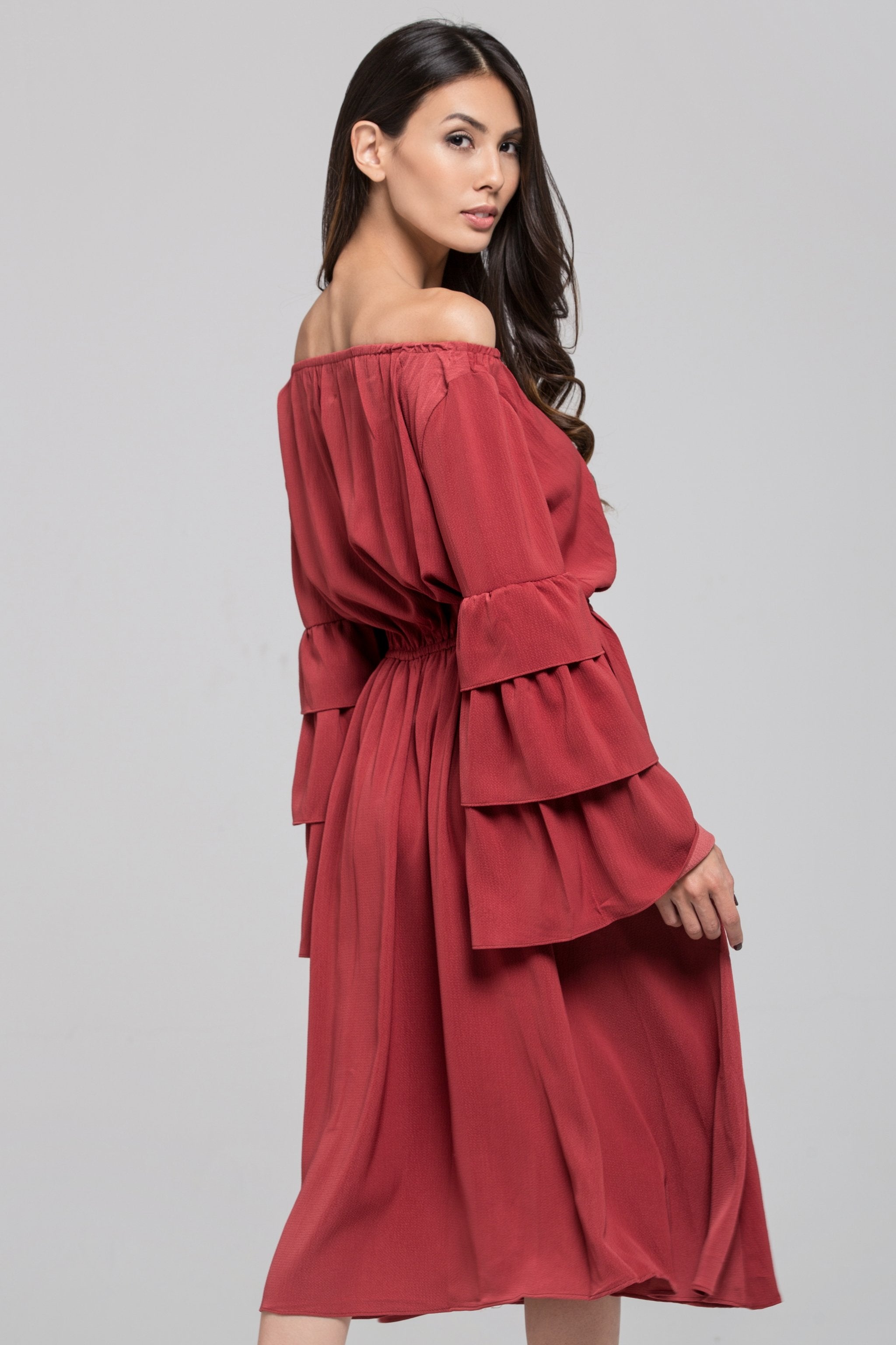Brick Red Ruffle Flare Sleeve Midi Dress