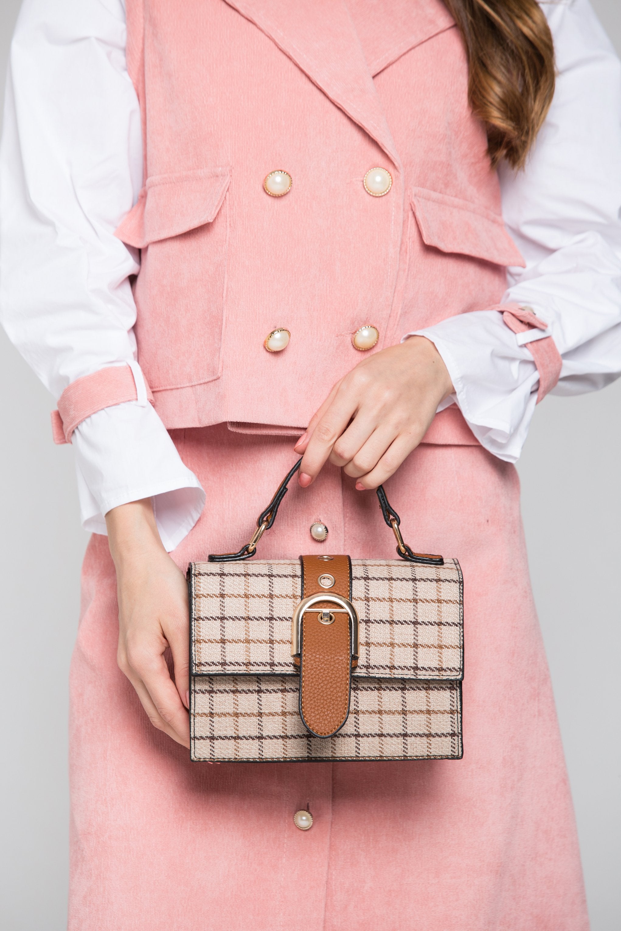 Brown Check Belt Flap Mini Bag