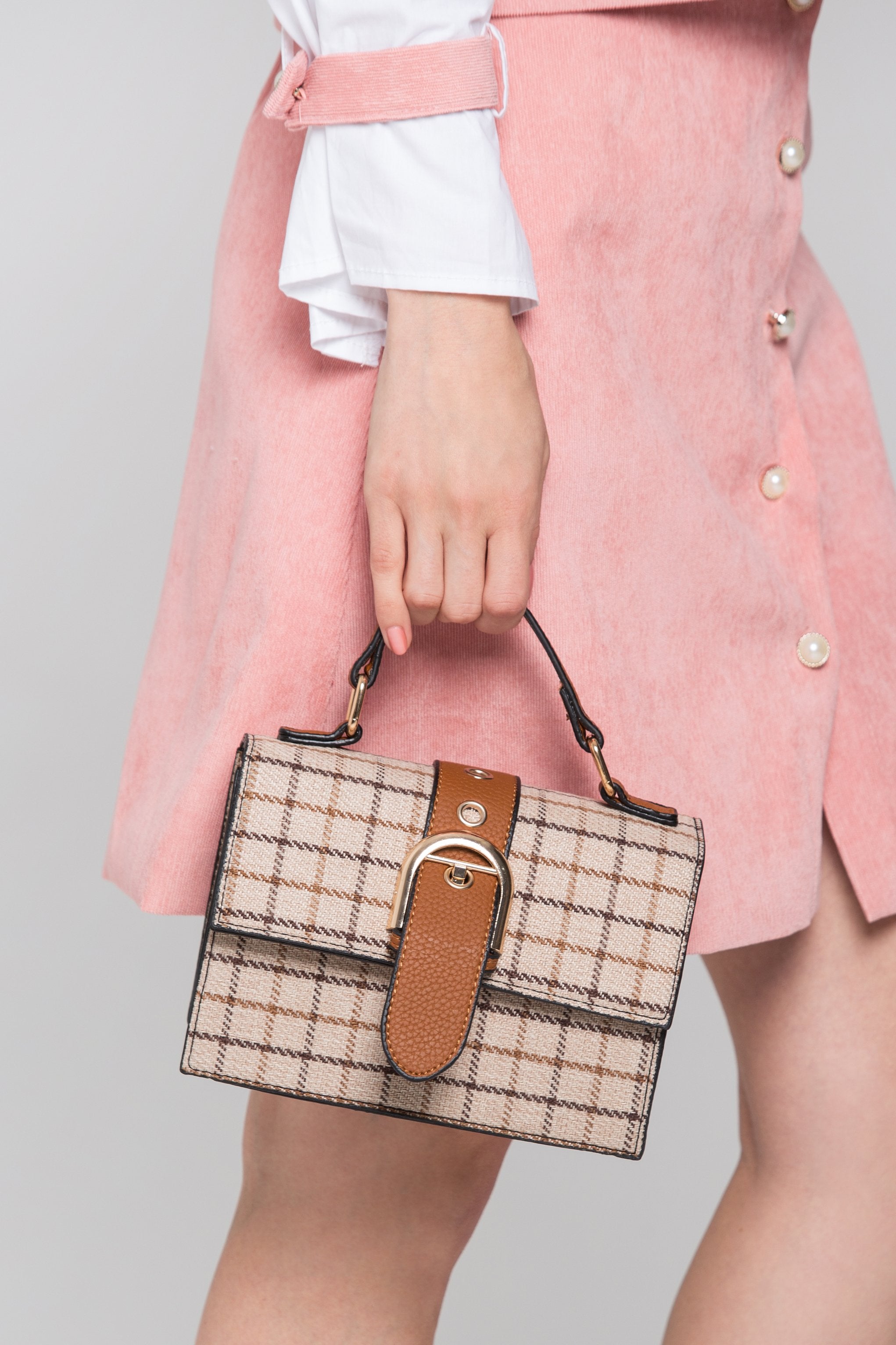 Brown Check Belt Flap Mini Bag