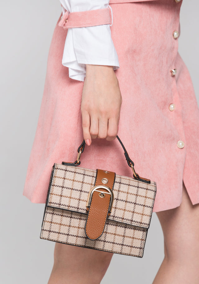 Brown Check Belt Flap Mini Bag