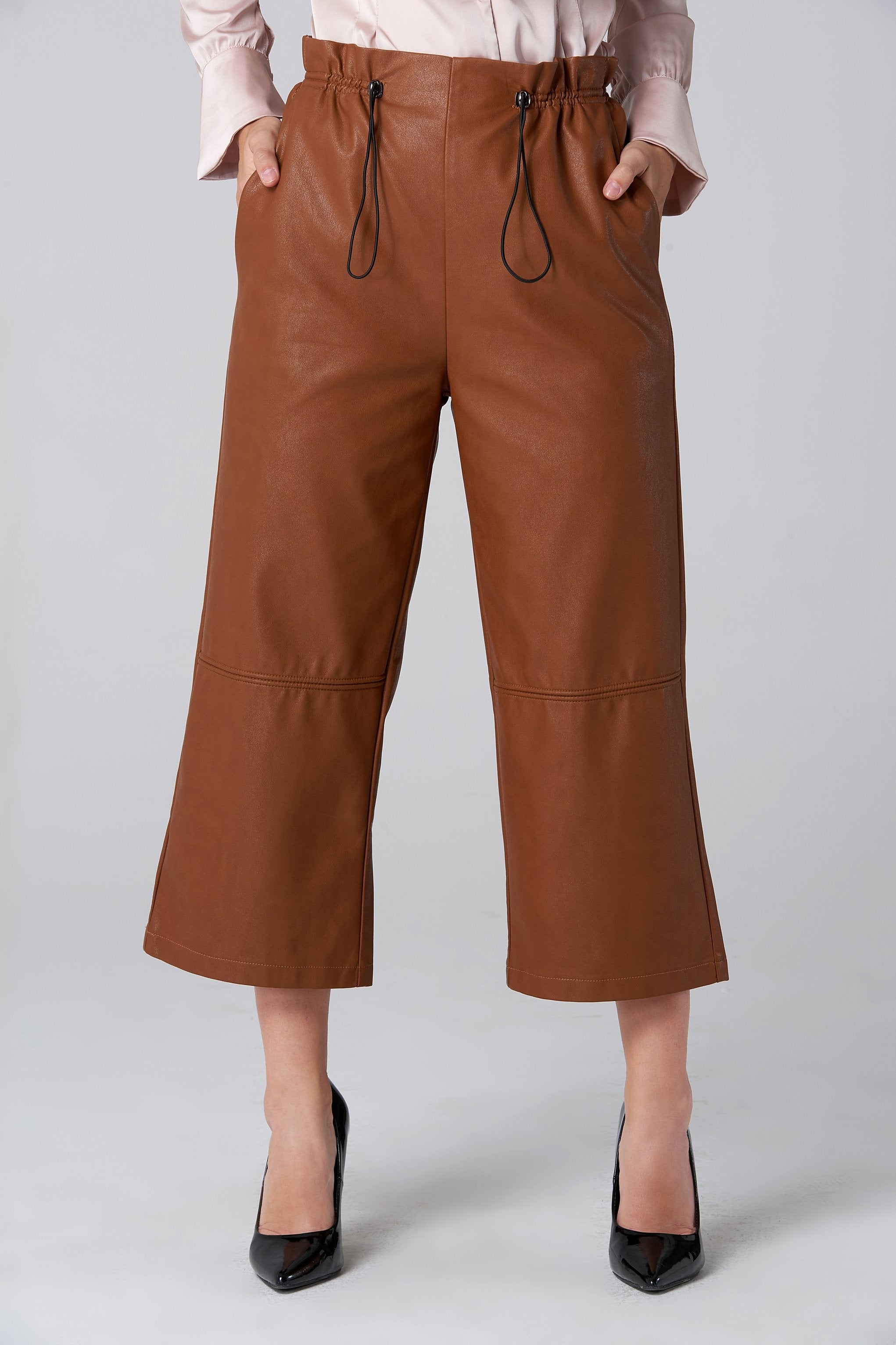 Brown Faux Leather Draw String Pants