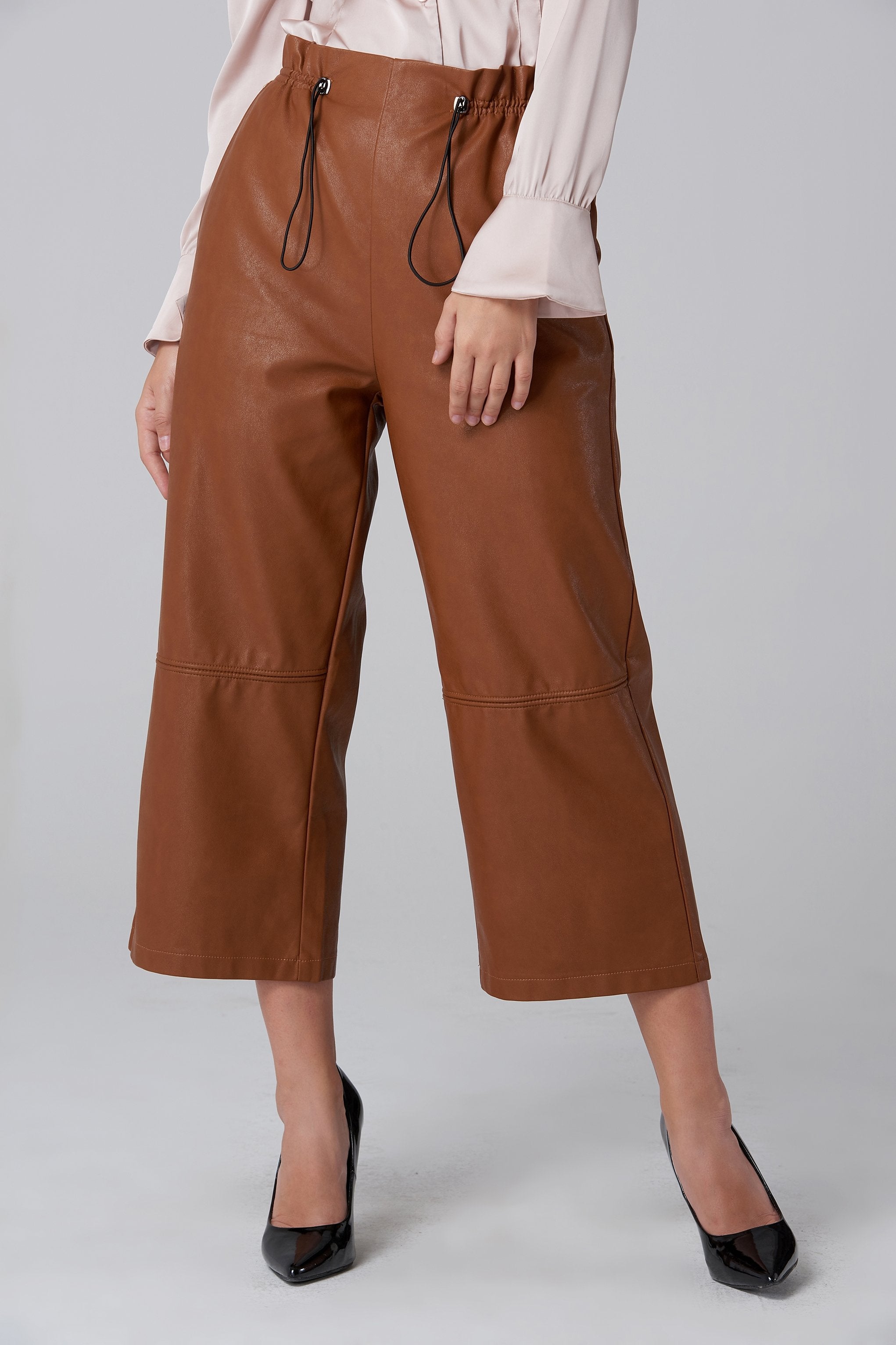 Brown Faux Leather Draw String Pants