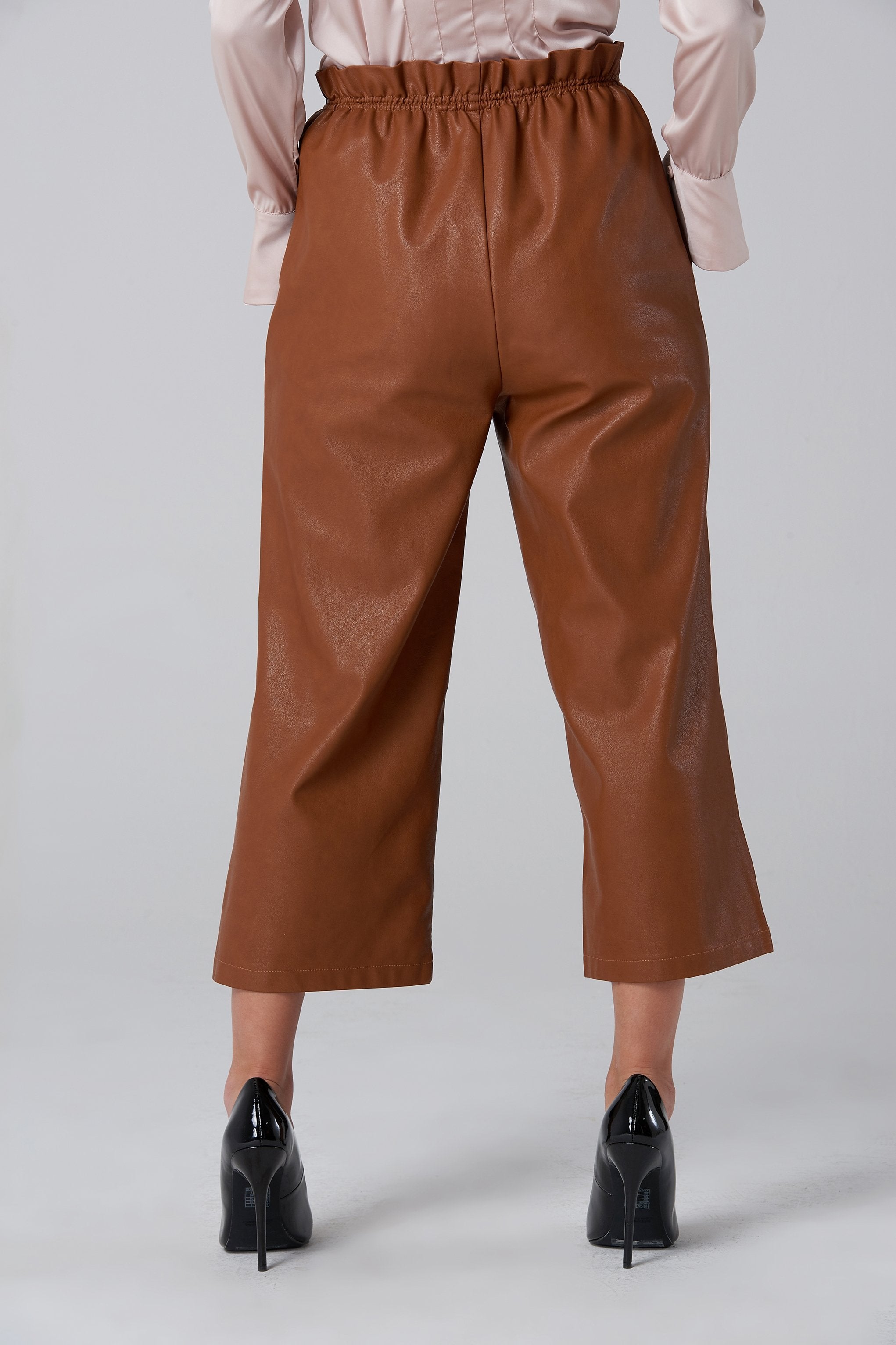 Brown Faux Leather Draw String Pants