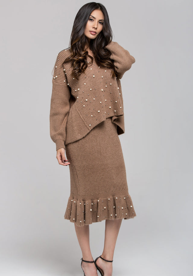 Brown Knit Pearl Detail Sweater and Skirt Set