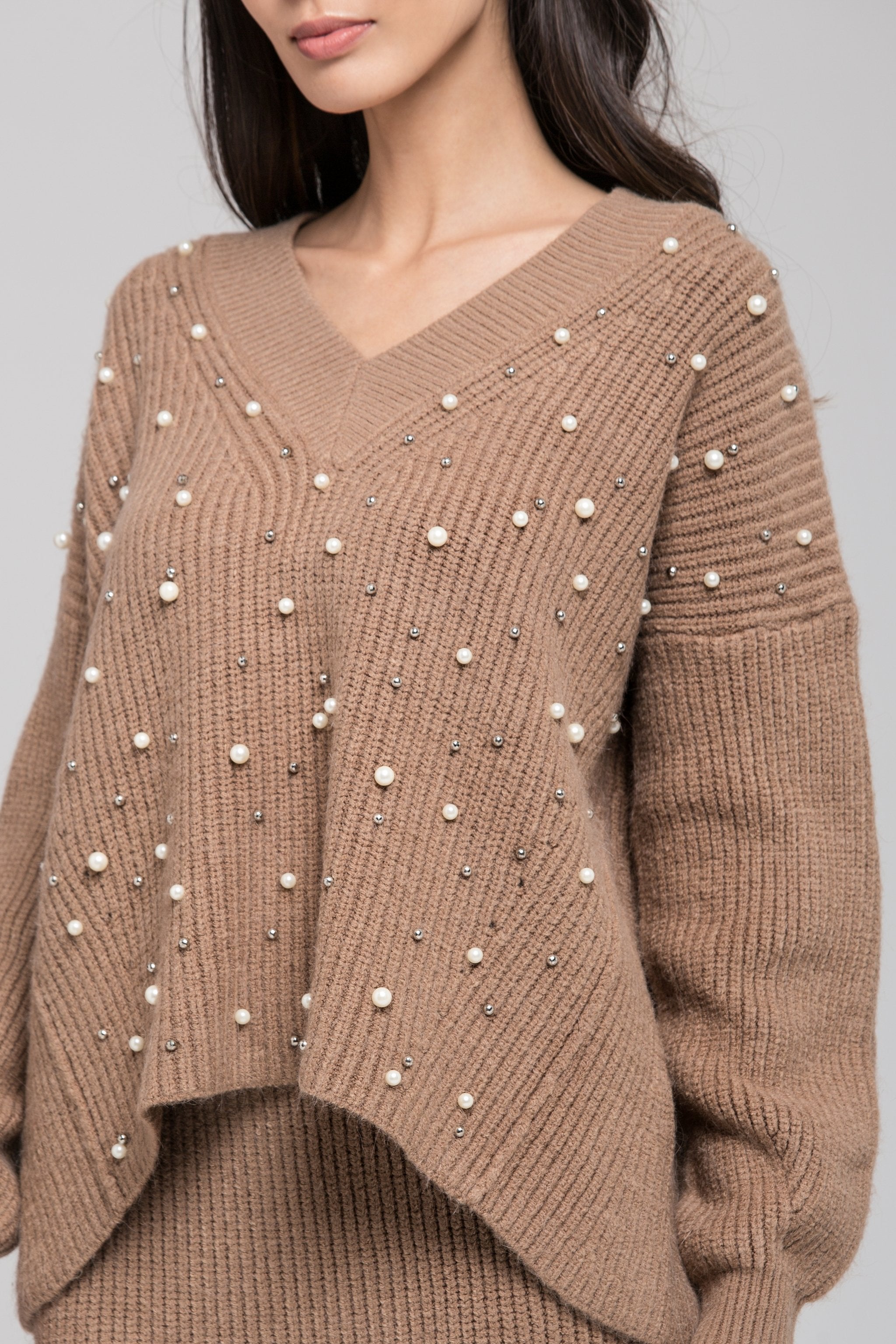 Brown Knit Pearl Detail Sweater and Skirt Set