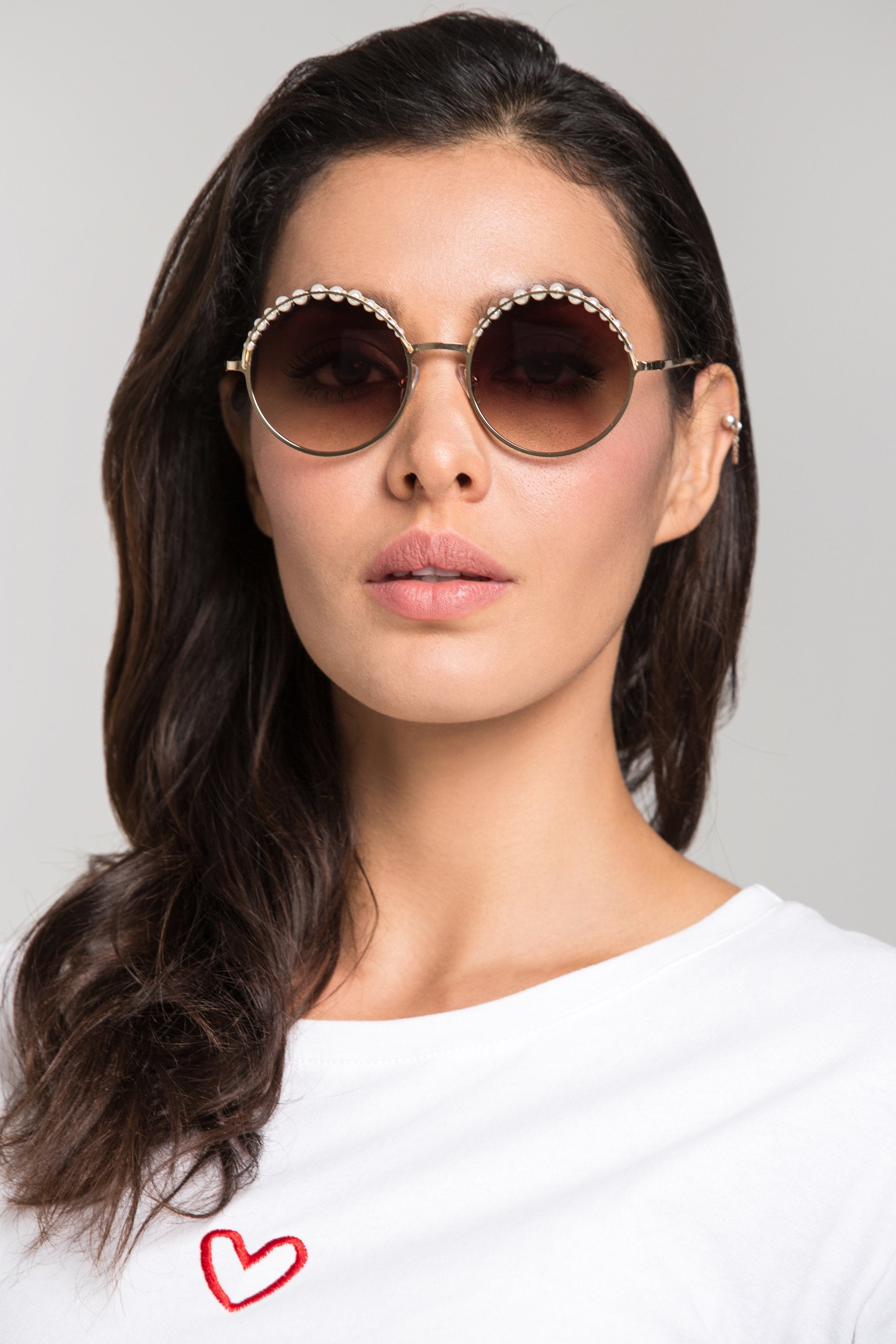 Brown Pearl Top Rim Round Sunglasses