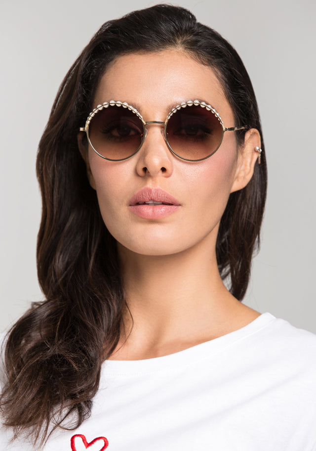 Brown Pearl Top Rim Round Sunglasses