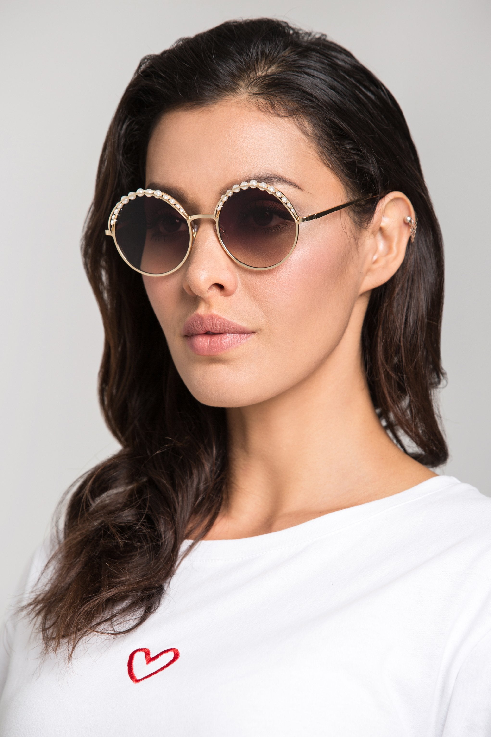 Brown Pearl Top Rim Round Sunglasses