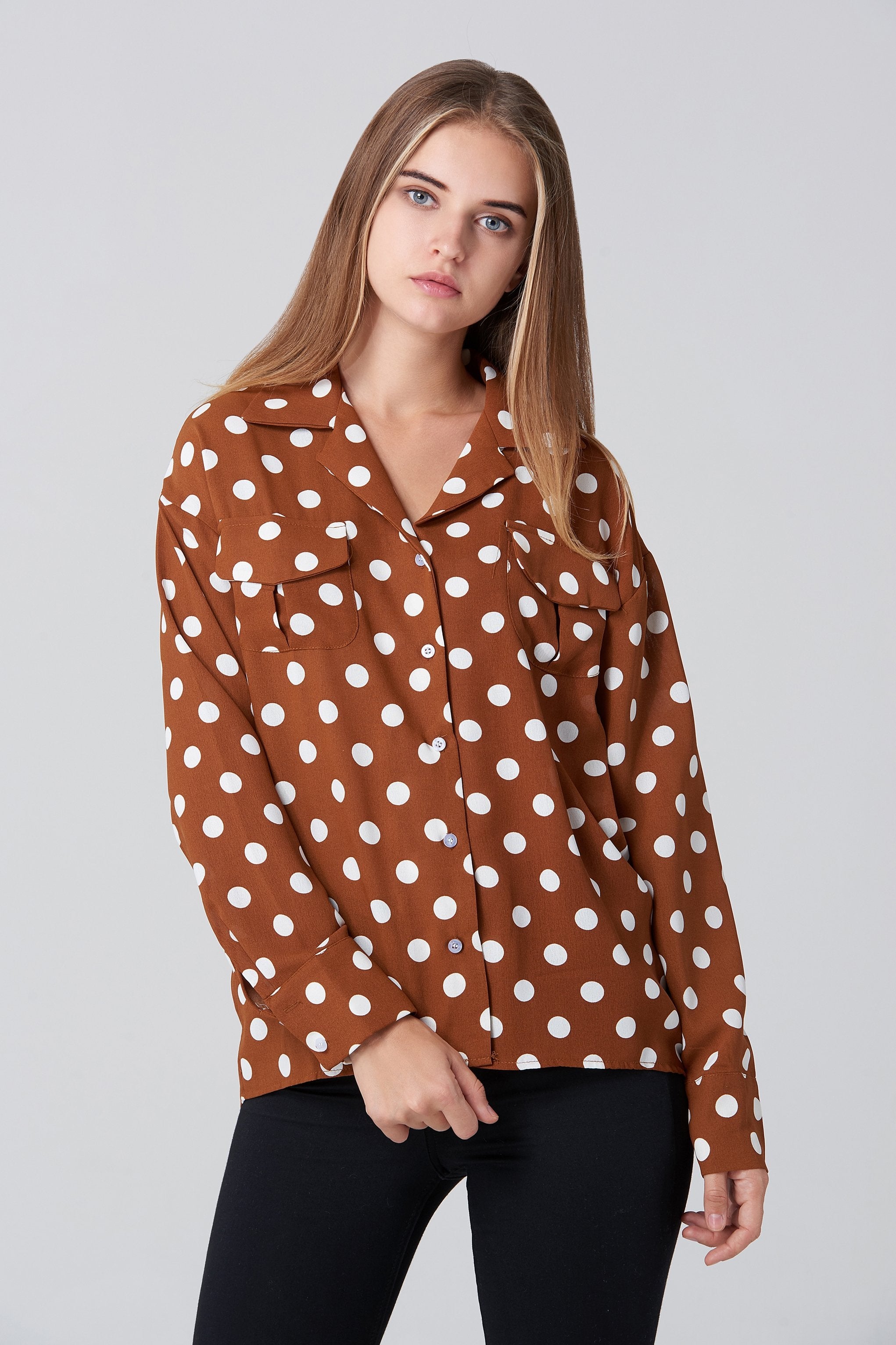Brown and White Polka dot Long Sleeve Shirt