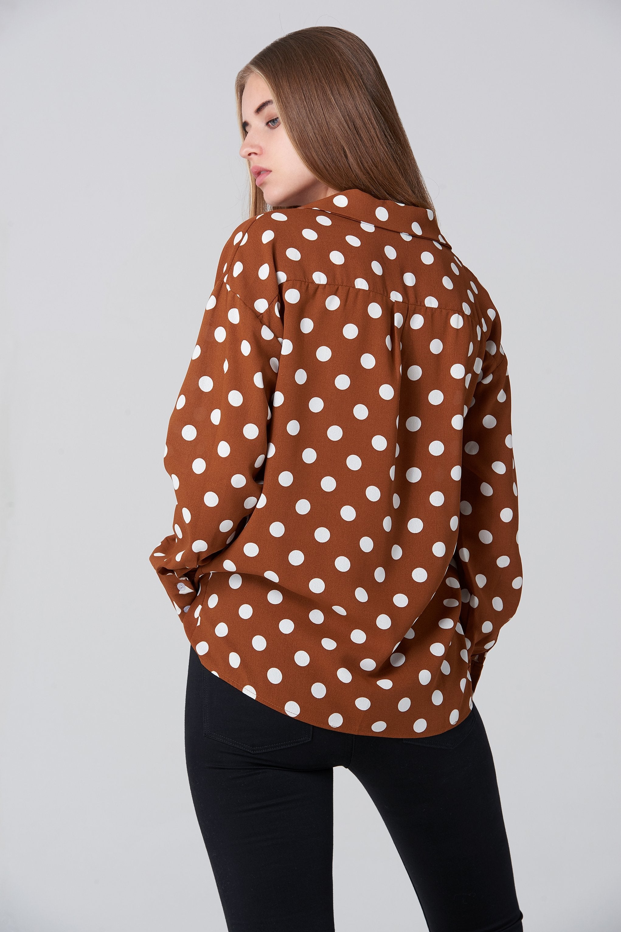 Brown and White Polka dot Long Sleeve Shirt