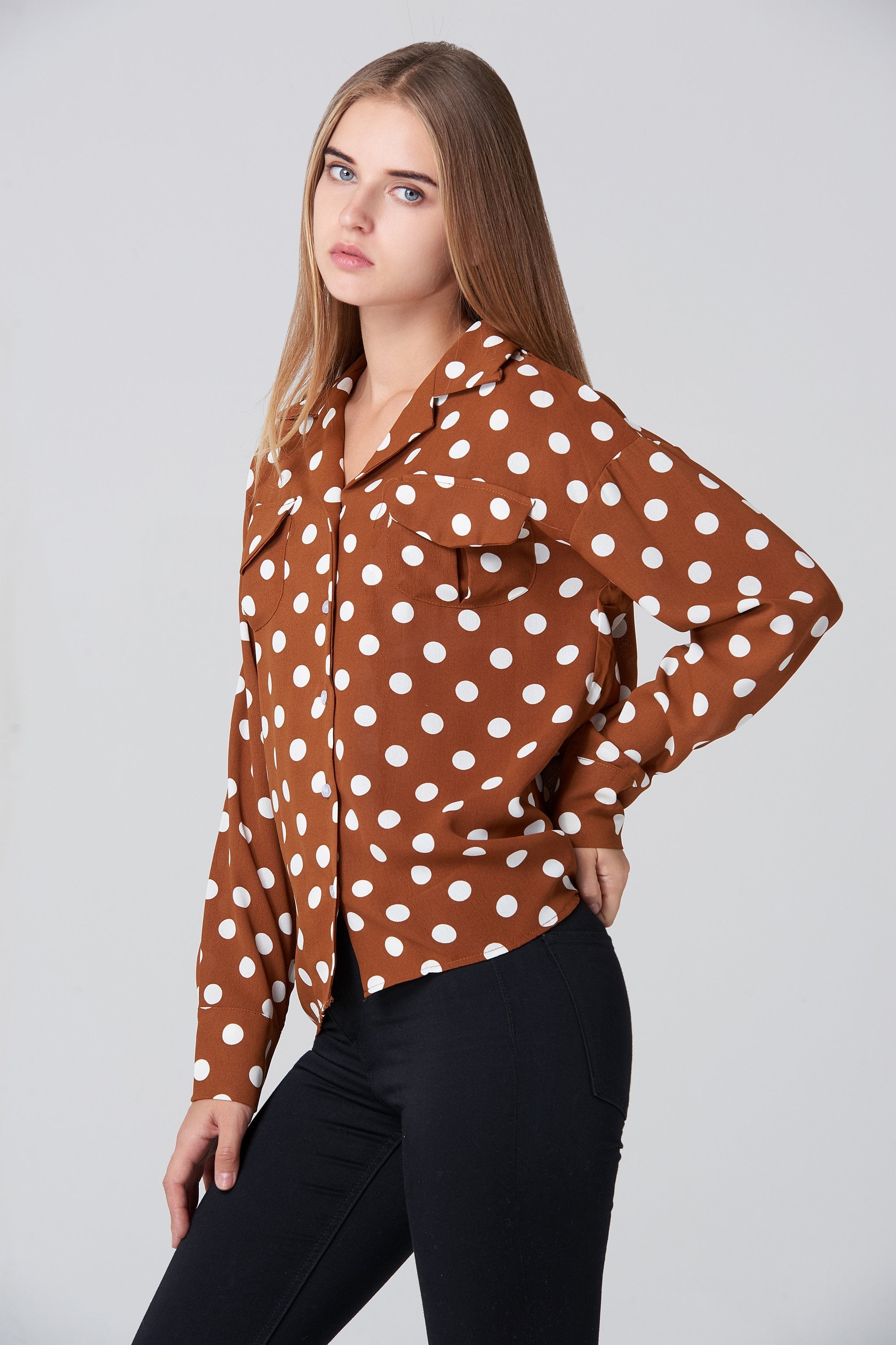 Brown and White Polka dot Long Sleeve Shirt