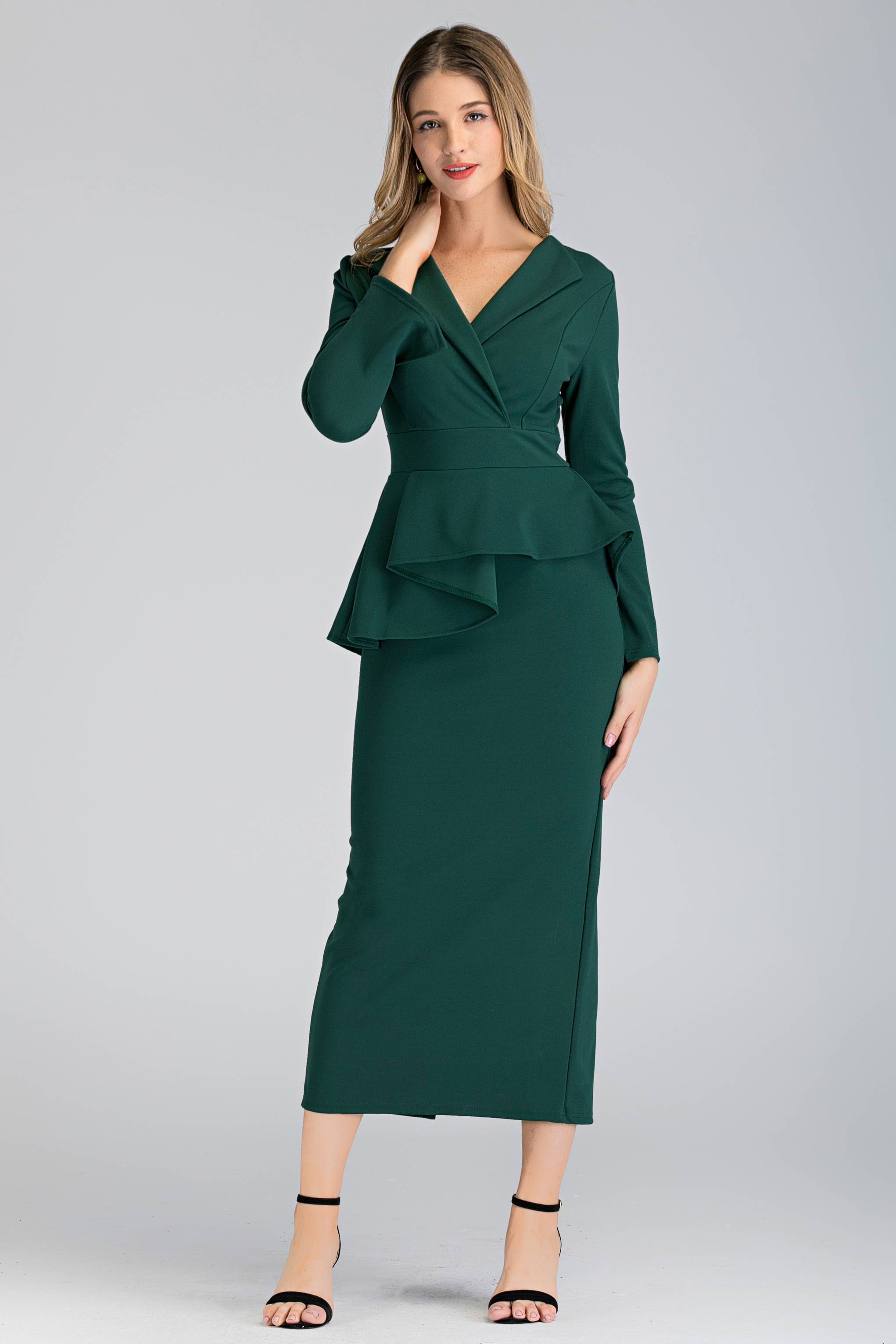 Brunswick Green Collared Peplum Maxi Dress