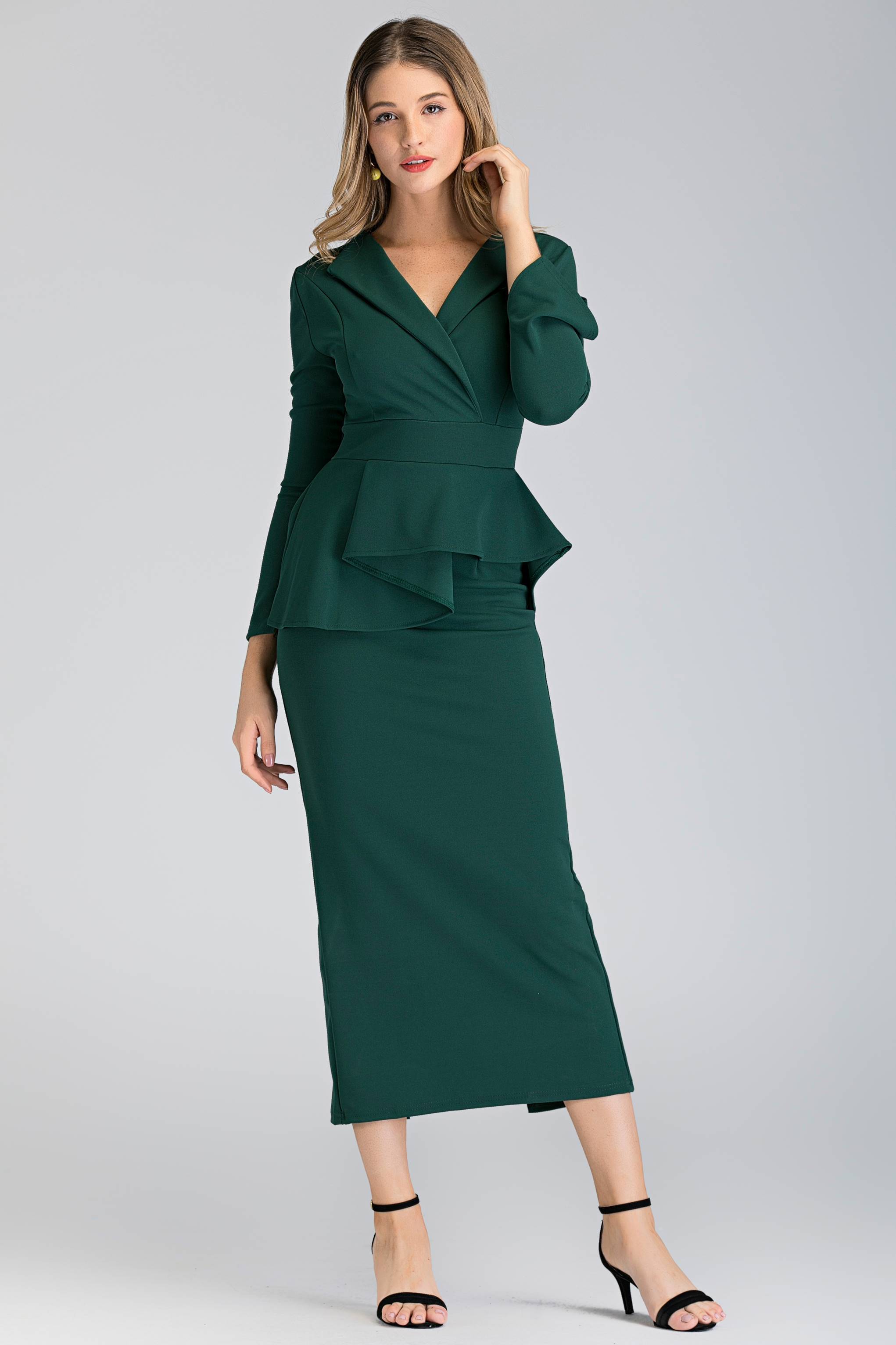 Brunswick Green Collared Peplum Maxi Dress