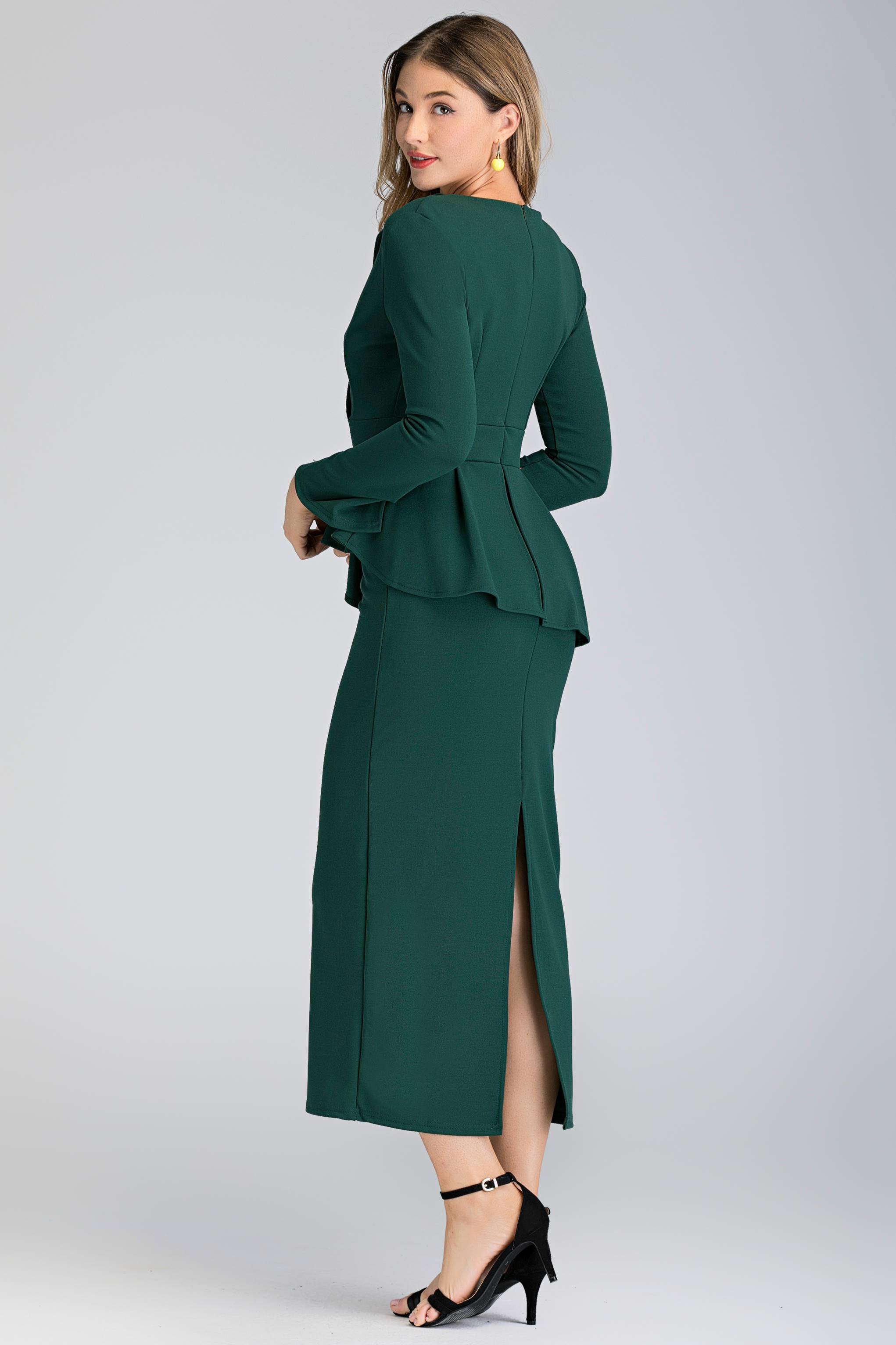Brunswick Green Collared Peplum Maxi Dress