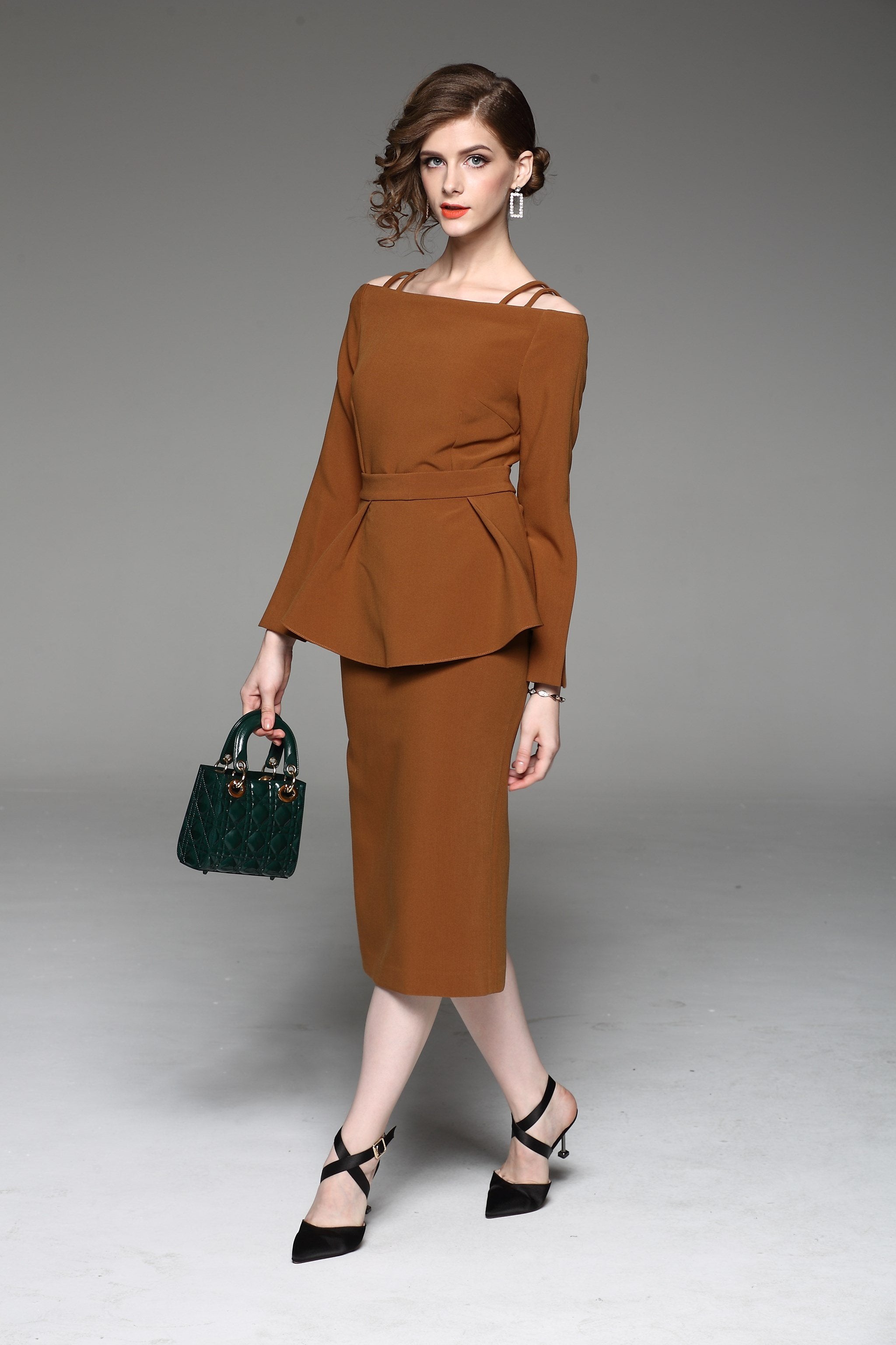 Dana AlTuwairsh - Caramel Two Piece Cold Shoulder Midi Dress