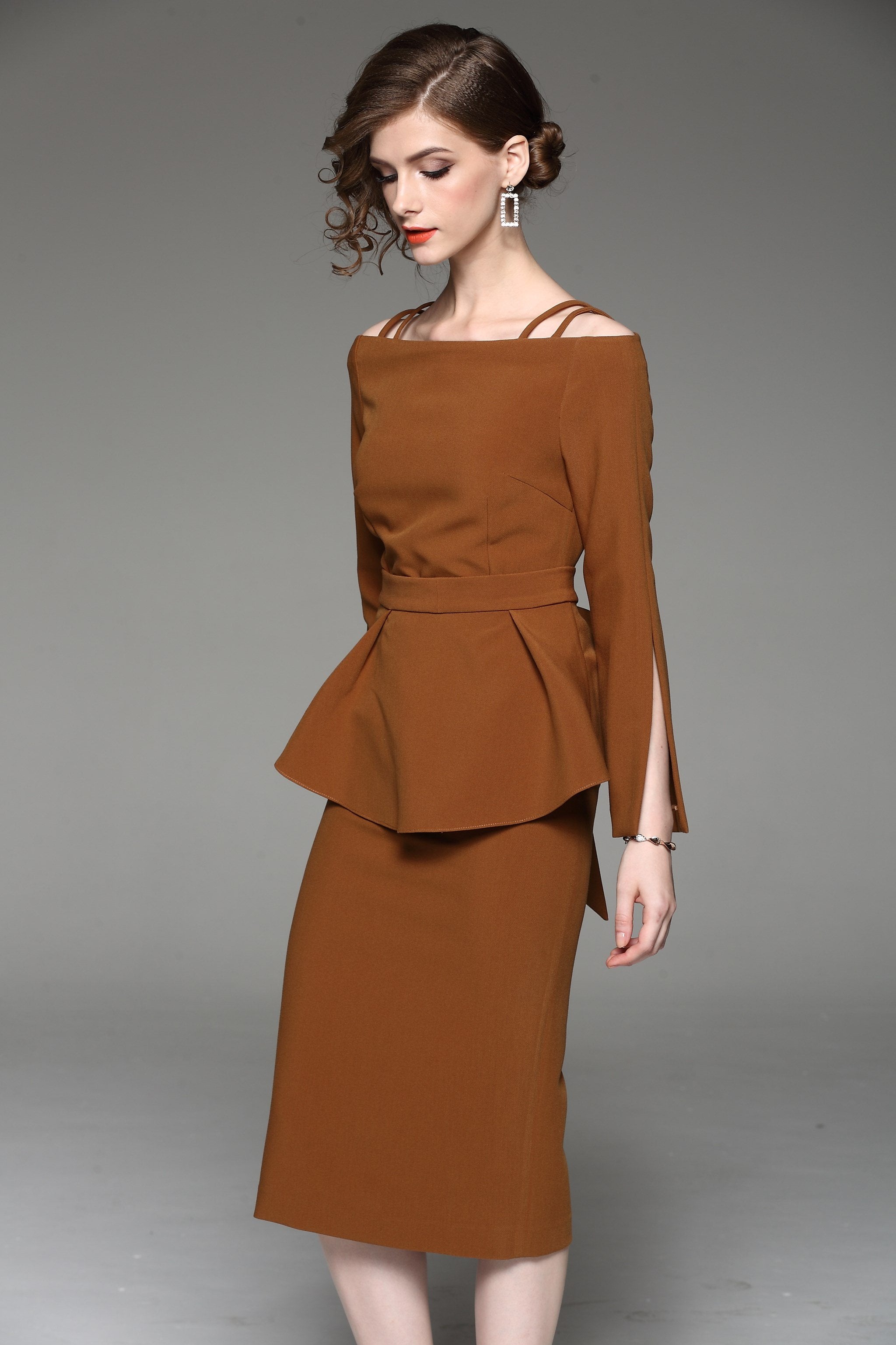 Dana AlTuwairsh - Caramel Two Piece Cold Shoulder Midi Dress
