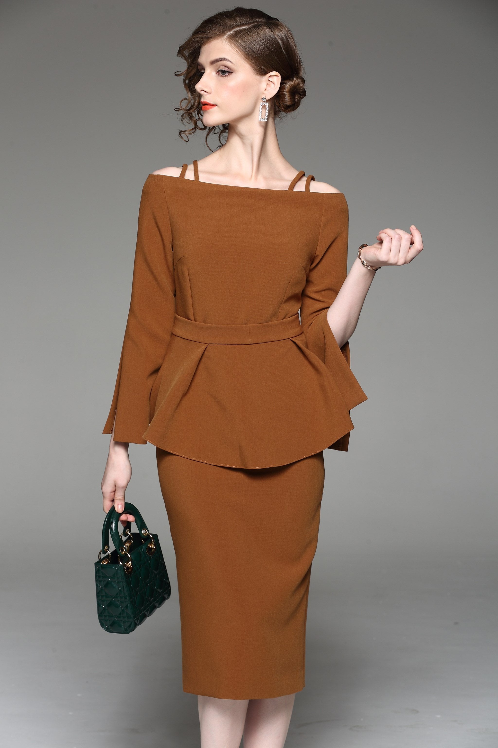 Dana AlTuwairsh - Caramel Two Piece Cold Shoulder Midi Dress
