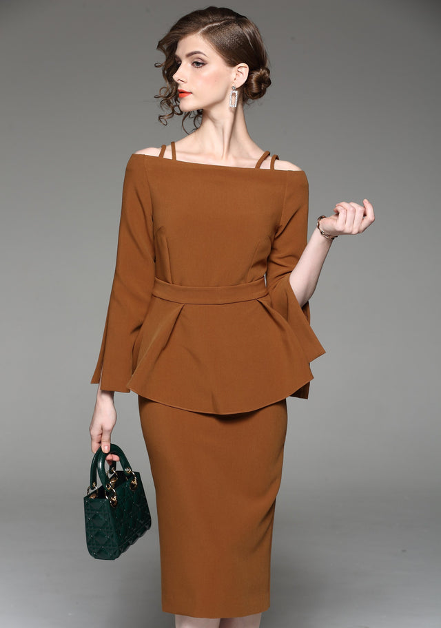 Dana AlTuwairsh - Caramel Two Piece Cold Shoulder Midi Dress