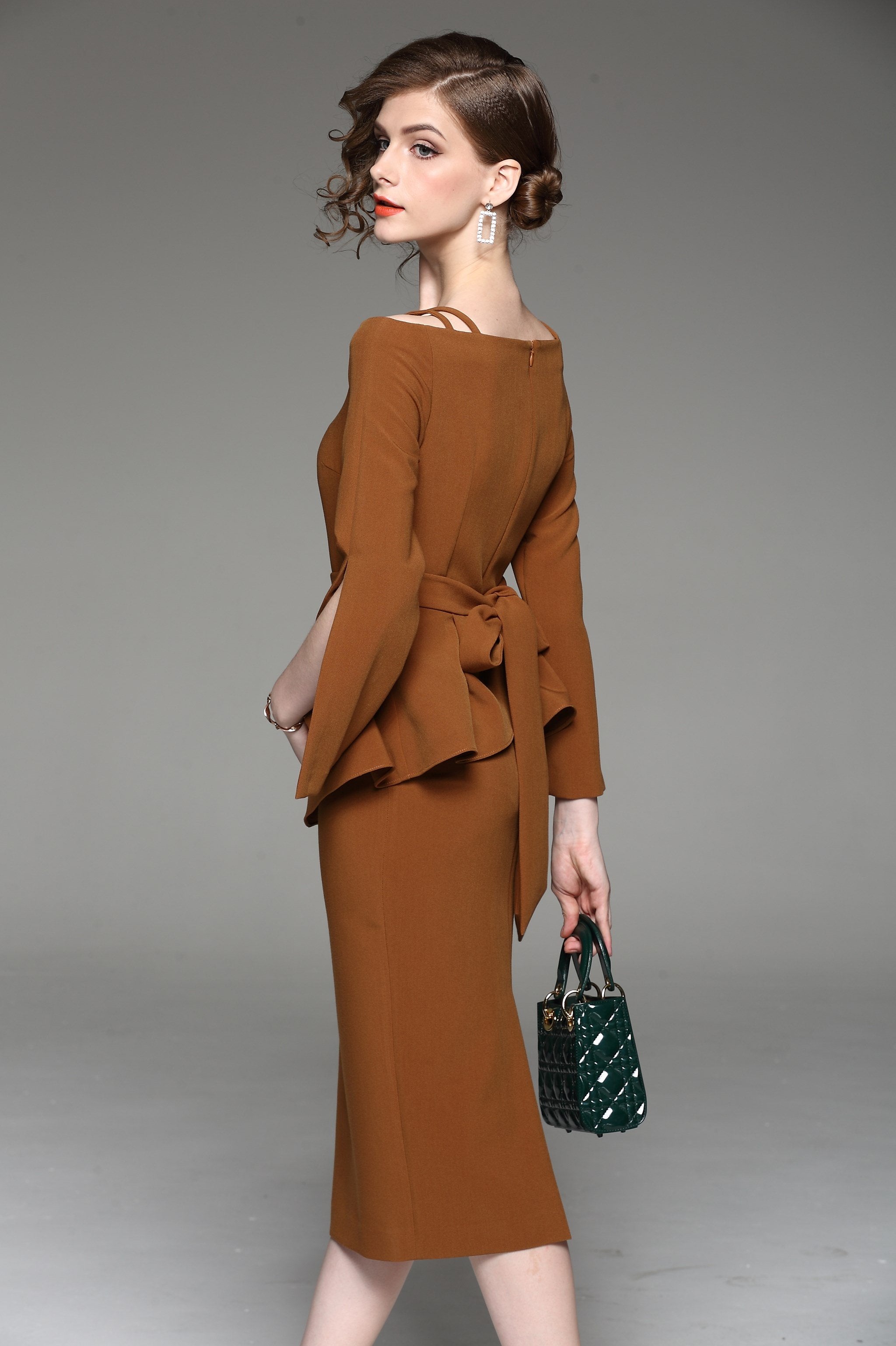 Dana AlTuwairsh - Caramel Two Piece Cold Shoulder Midi Dress