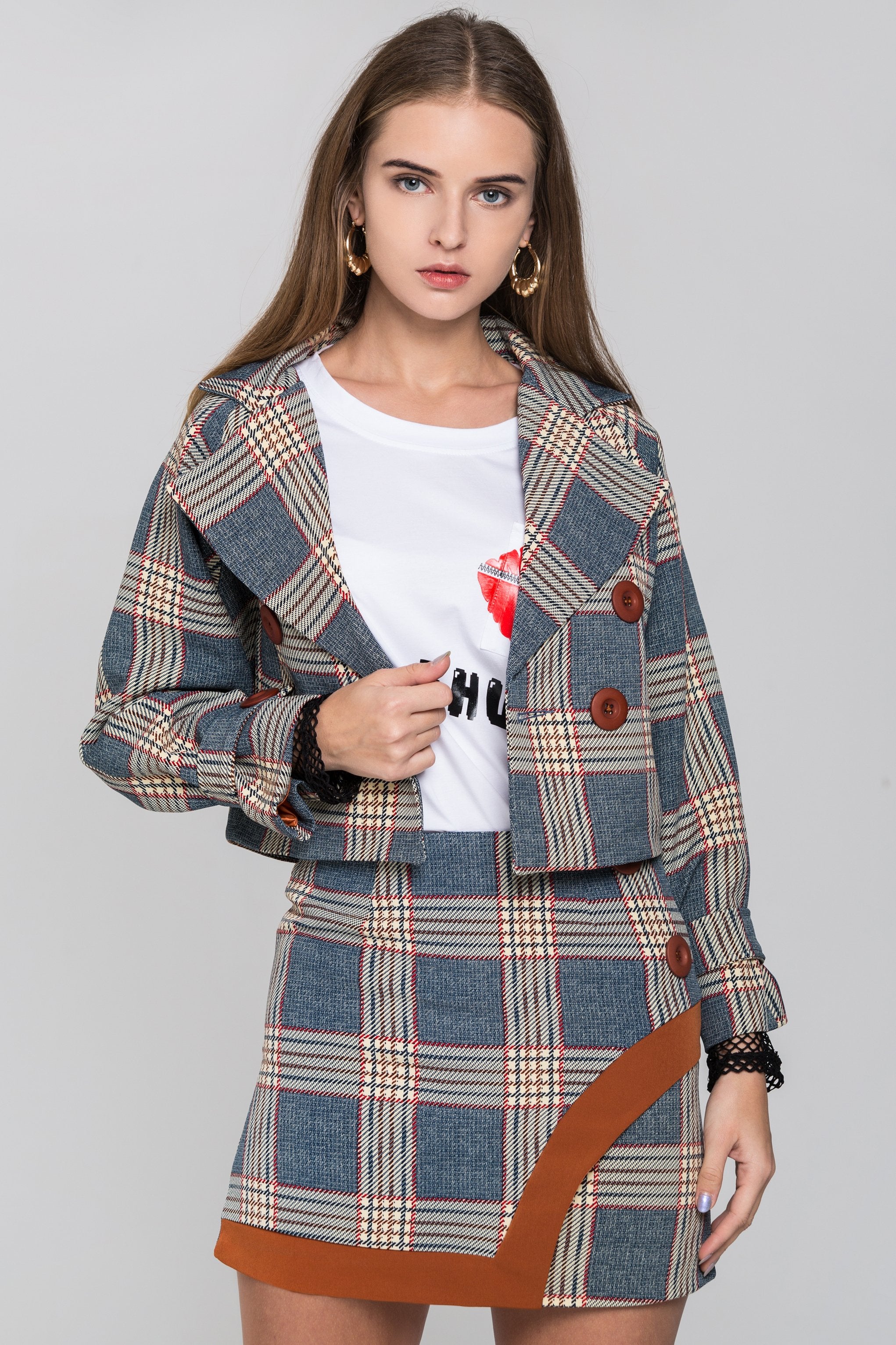 Chambray and Orange Tartan Blazer and Skirt Set
