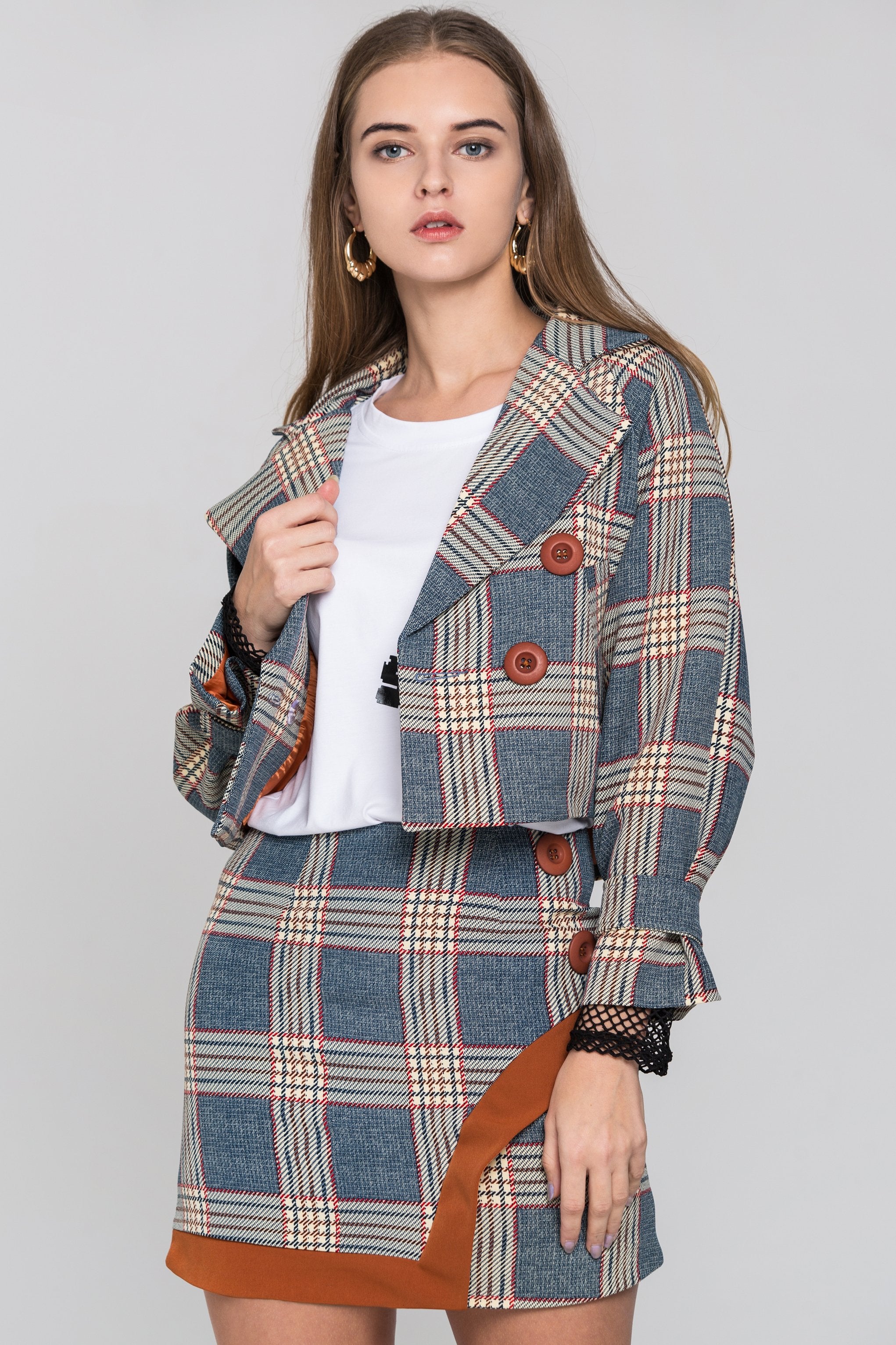 Chambray and Orange Tartan Blazer and Skirt Set