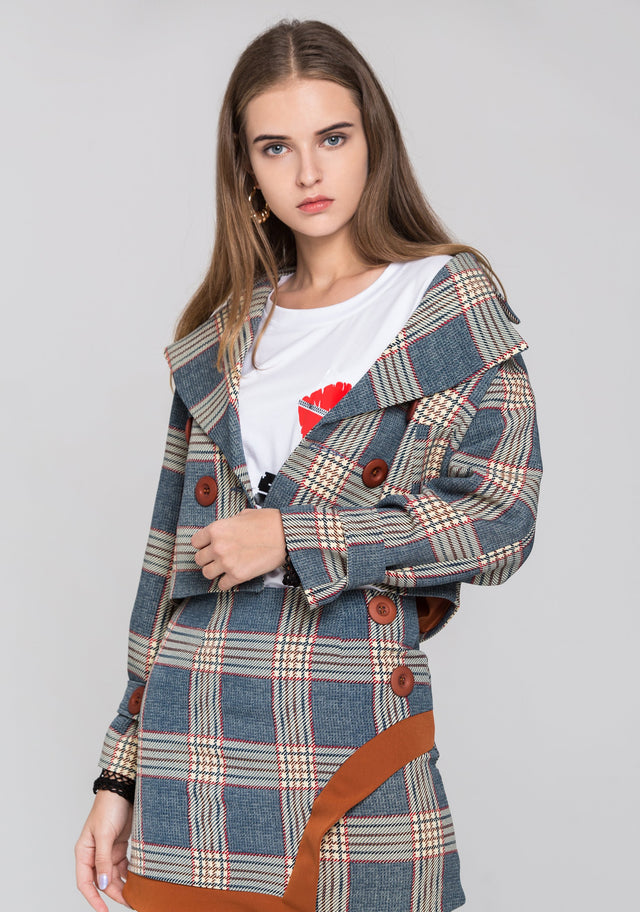 Chambray and Orange Tartan Blazer and Skirt Set