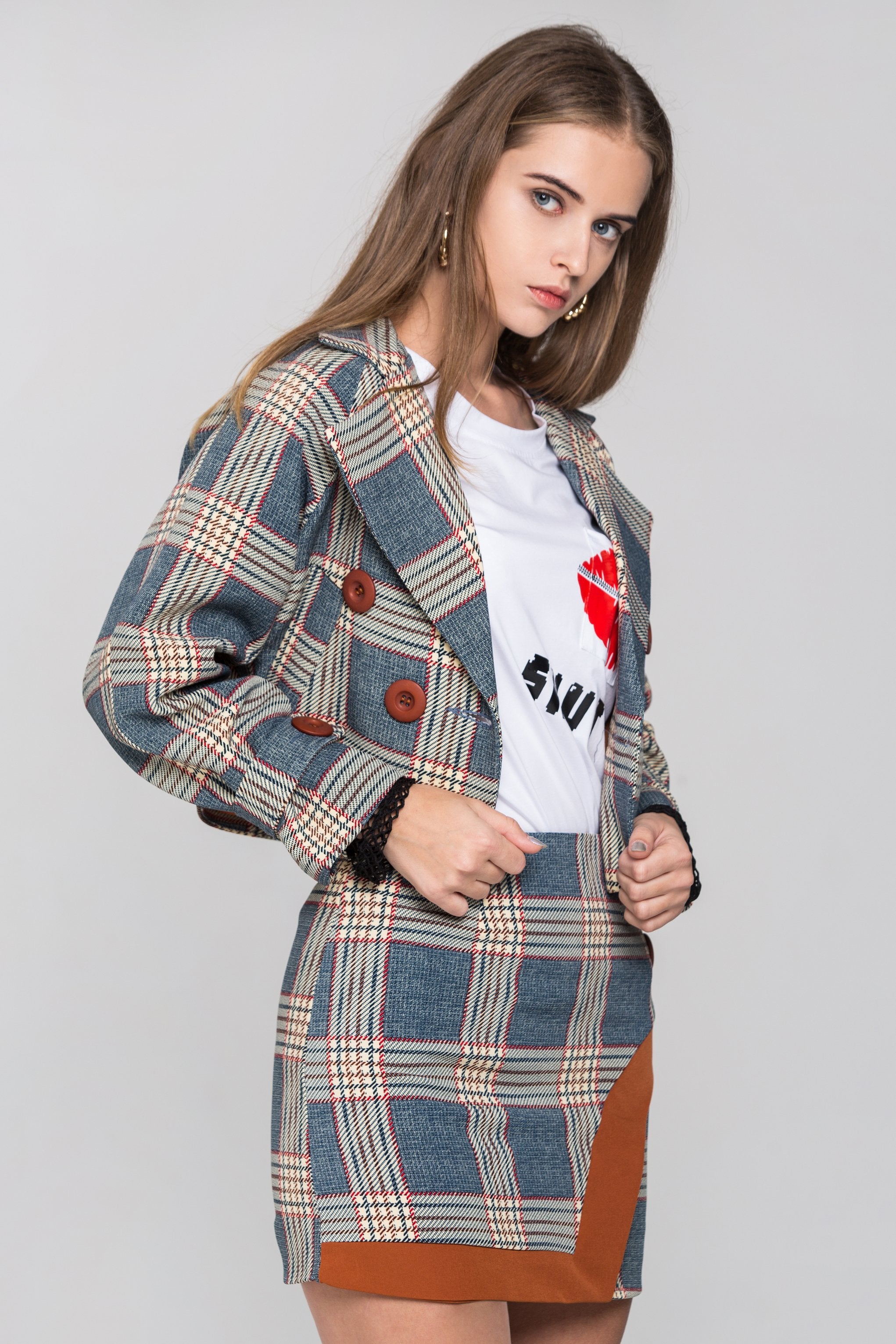 Chambray and Orange Tartan Blazer and Skirt Set
