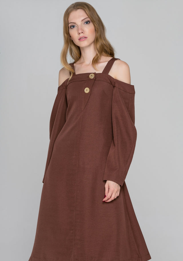 Chocolate Brown Cold Shoulder Midi Dress