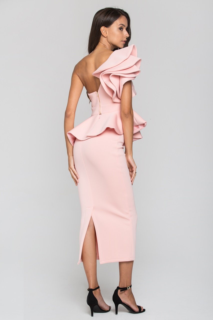 Coral Pink One Shoulder Ruffle Neoprene Midi Dress