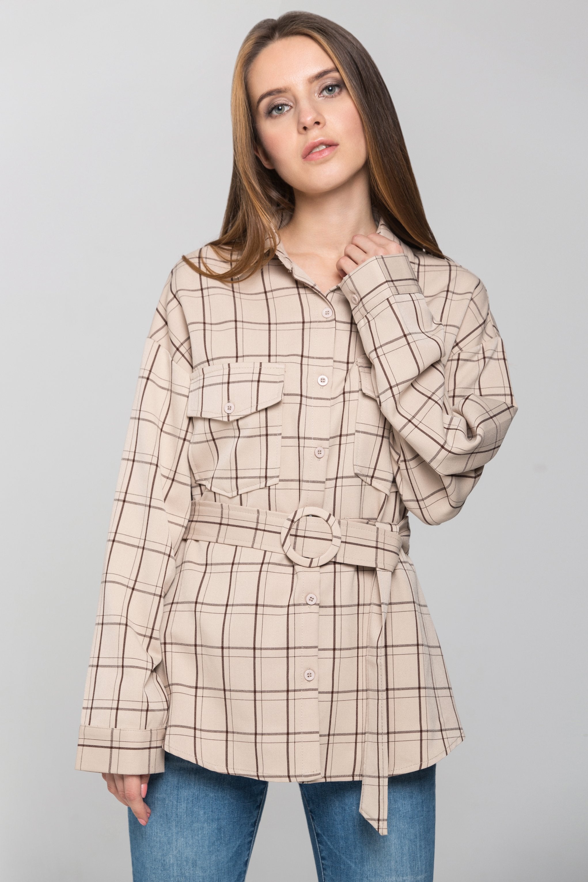Cream Check Belted Shirt Top