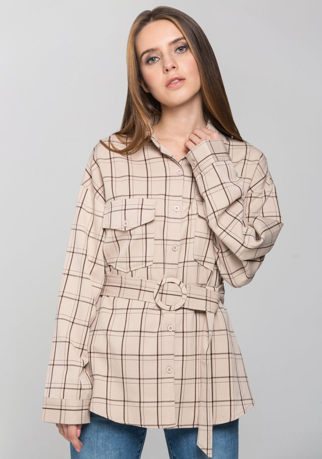 Cream Check Belted Shirt Top
